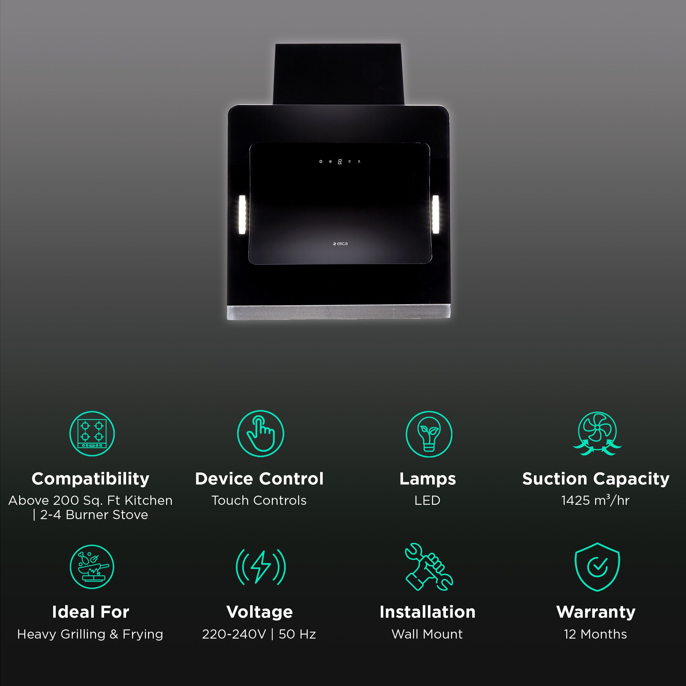 elica EFL GRACEFUL HE LTW 60 BK TC3V LED 60cm 1425m3/hr Ducted Wall Mounted Chimney with Touch Control Panel (Black) elica EFL GRACEFUL HE LTW 60 BK TC3V LED 60cm 1425m3/hr Ducted Wall Mounted Chimney with Touch Control Panel (Black)_3