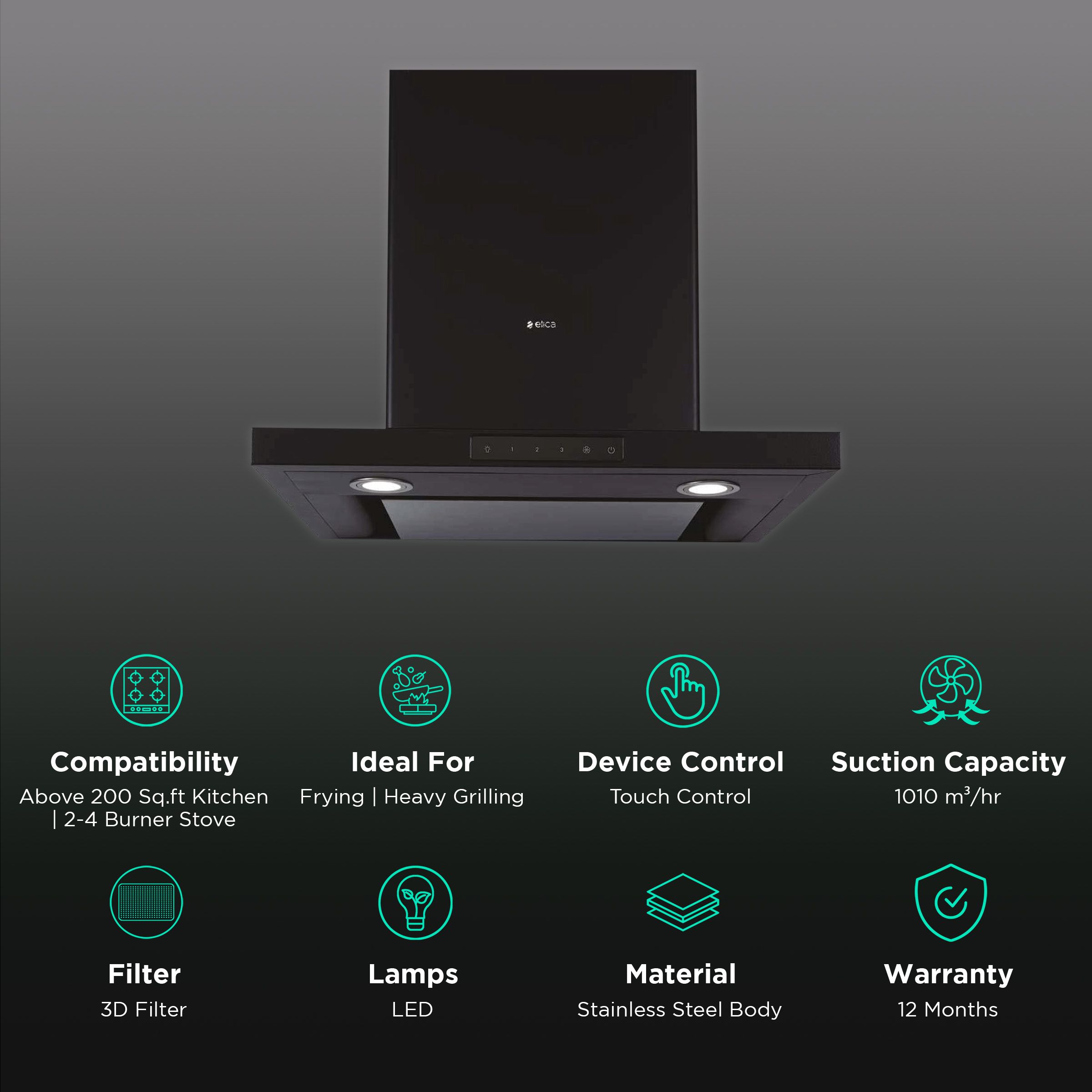 elica SPOT H4 TRIM EDS PLUS LTW 60 NERO T4V LED 60cm 1010m3/hr Ducted Wall Mounted Chimney with Touch Control (Black) elica SPOT H4 TRIM EDS PLUS LTW 60 NERO T4V LED 60cm 1010m3/hr Ducted Wall Mounted Chimney with Touch Control (Black)_3