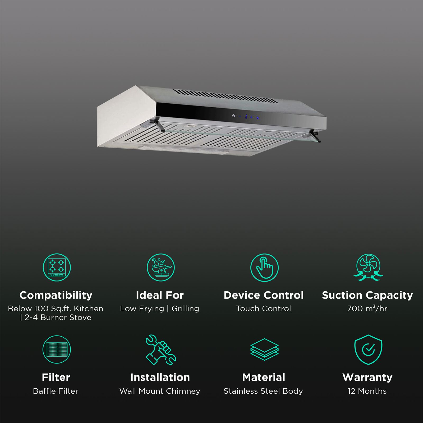 FABER RUBY XL TC SS 60cm 700m3/hr Ducted Wall Mounted Chimney with Touch Control (Stainless Steel) FABER RUBY XL TC SS 60cm 700m3/hr Ducted Wall Mounted Chimney with Touch Control (Stainless Steel)_3