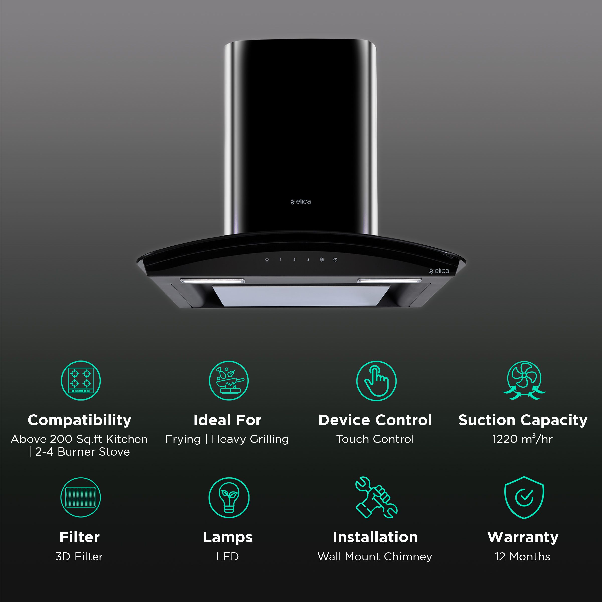 elica GLACE EDS PLUS LTW 60 BK NERO T4V LED 60cm 1220m3/hr Ducted Wall Mounted Chimney with Touch Control (Black)_3