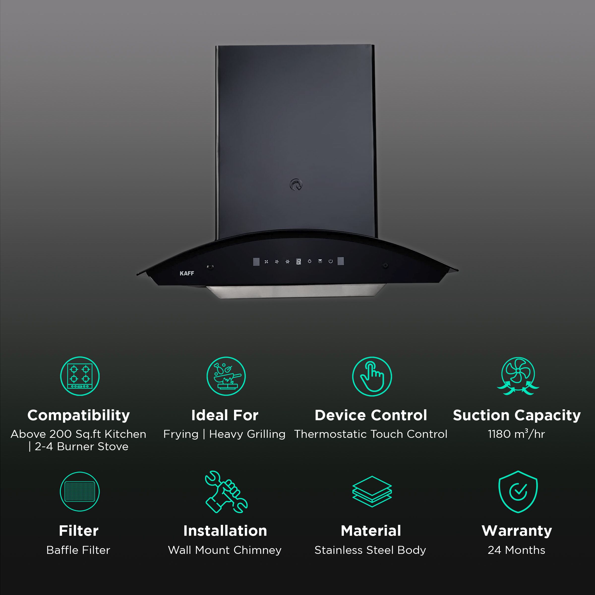 KAFF PRIMA TX DHC 60cm 1180m3/hr Ducted Auto Clean Wall Mounted Chimney with Thermostatic Touch Control Panel (Black) KAFF PRIMA TX DHC 60cm 1180m3/hr Ducted Auto Clean Wall Mounted Chimney with Thermostatic Touch Control Panel (Black)_3