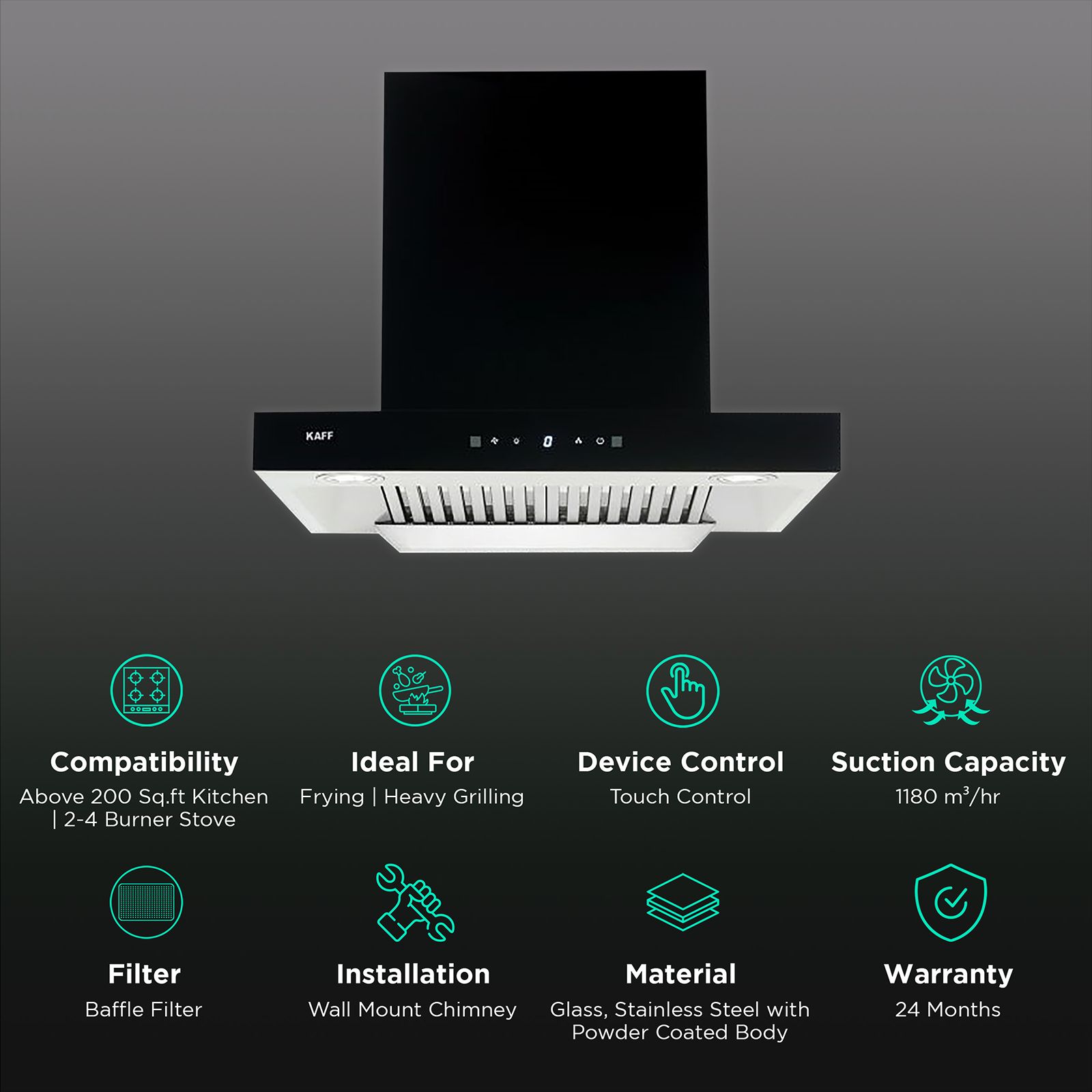 KAFF VITO DHC 60cm 1180m3/hr Ducted Auto Clean Wall Mounted Chimney with Touch Control Panel (Black) KAFF VITO DHC 60cm 1180m3/hr Ducted Auto Clean Wall Mounted Chimney with Touch Control Panel (Black)_3