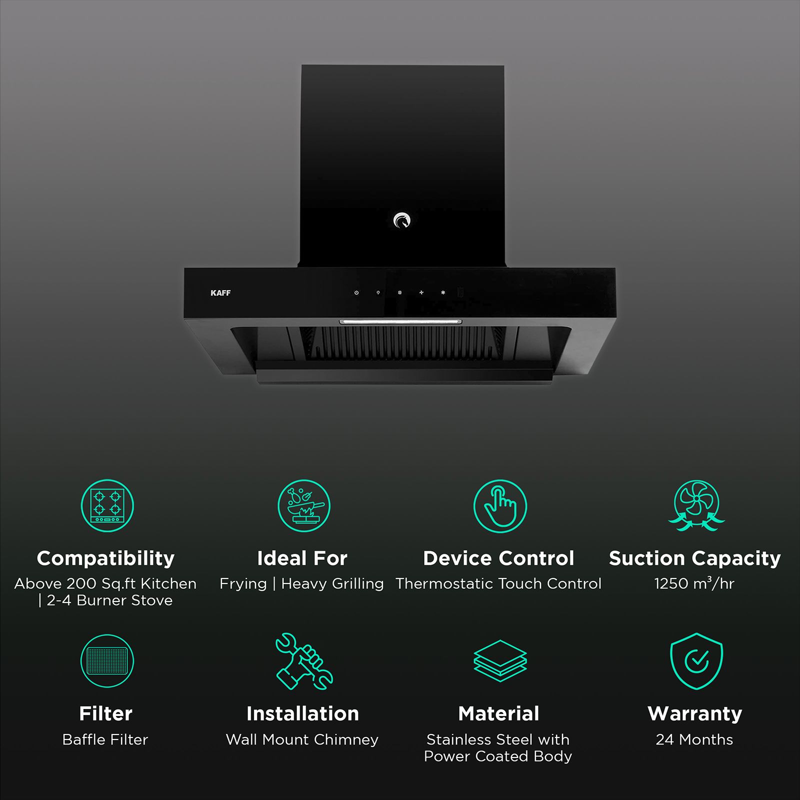 KAFF Casto DHC 60cm 1250m3/hr Ducted Auto Clean Wall Mounted Chimney with Thermostatic Touch Control Panel (Black)_3