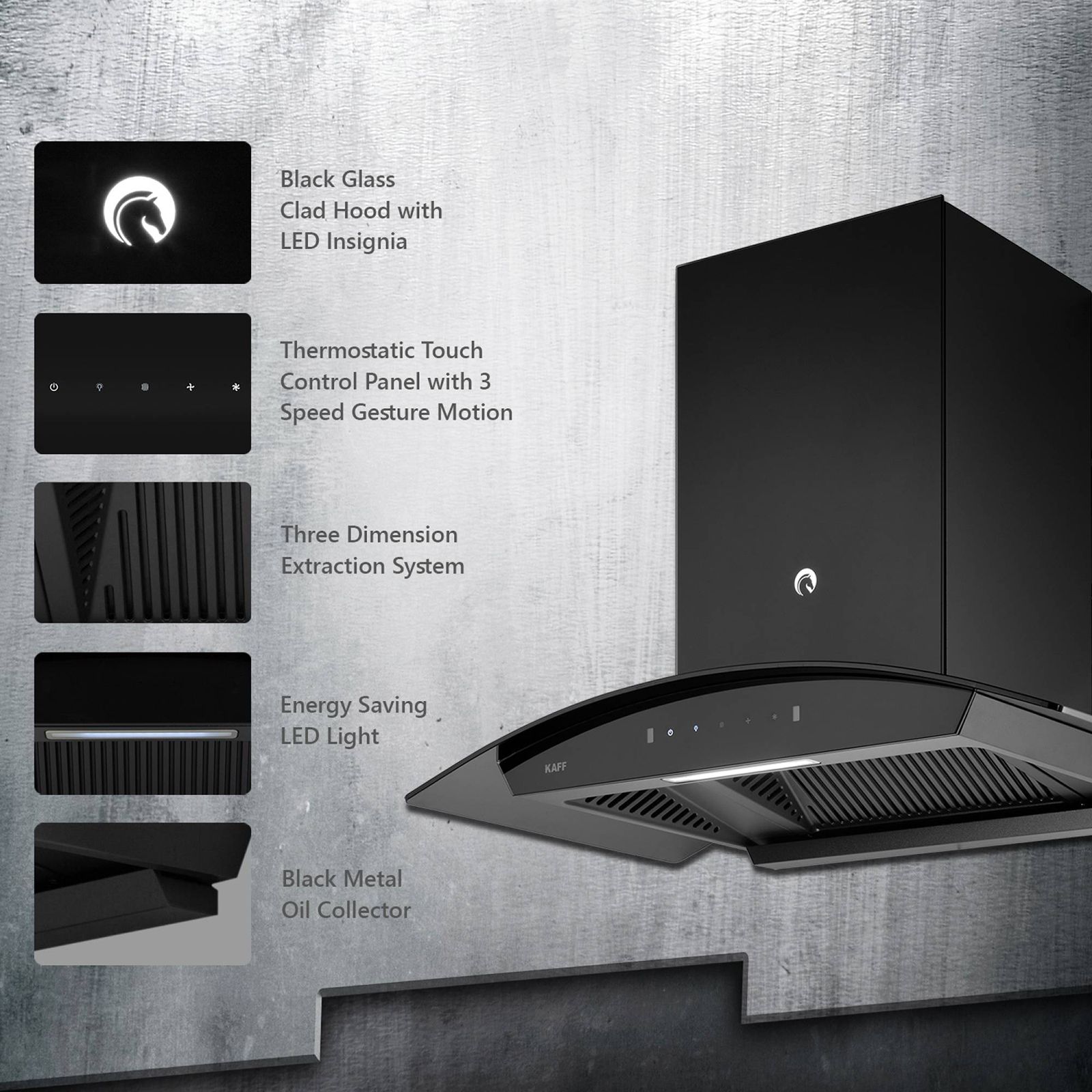 KAFF VASCO DHC 75cm 1250m3/hr Ducted Auto Clean Wall Mounted Chimney with Touch Control Panel (Black) KAFF VASCO DHC 75cm 1250m3/hr Ducted Auto Clean Wall Mounted Chimney with Touch Control Panel (Black)_20