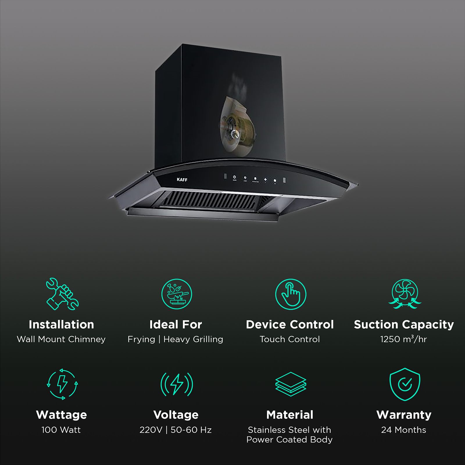 KAFF VASCO DHC 75cm 1250m3/hr Ducted Auto Clean Wall Mounted Chimney with Touch Control Panel (Black) KAFF VASCO DHC 75cm 1250m3/hr Ducted Auto Clean Wall Mounted Chimney with Touch Control Panel (Black)_3