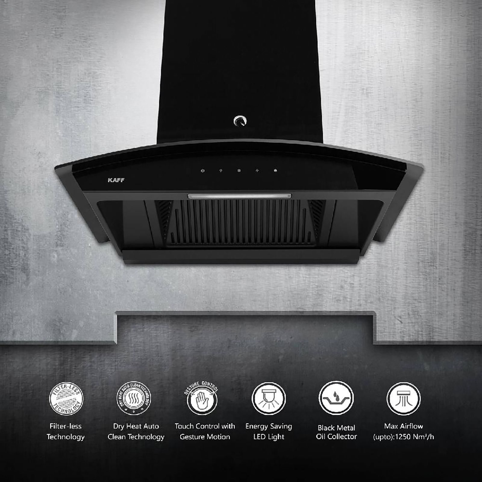 KAFF VASCO DHC 75cm 1250m3/hr Ducted Auto Clean Wall Mounted Chimney with Touch Control Panel (Black) KAFF VASCO DHC 75cm 1250m3/hr Ducted Auto Clean Wall Mounted Chimney with Touch Control Panel (Black)_8