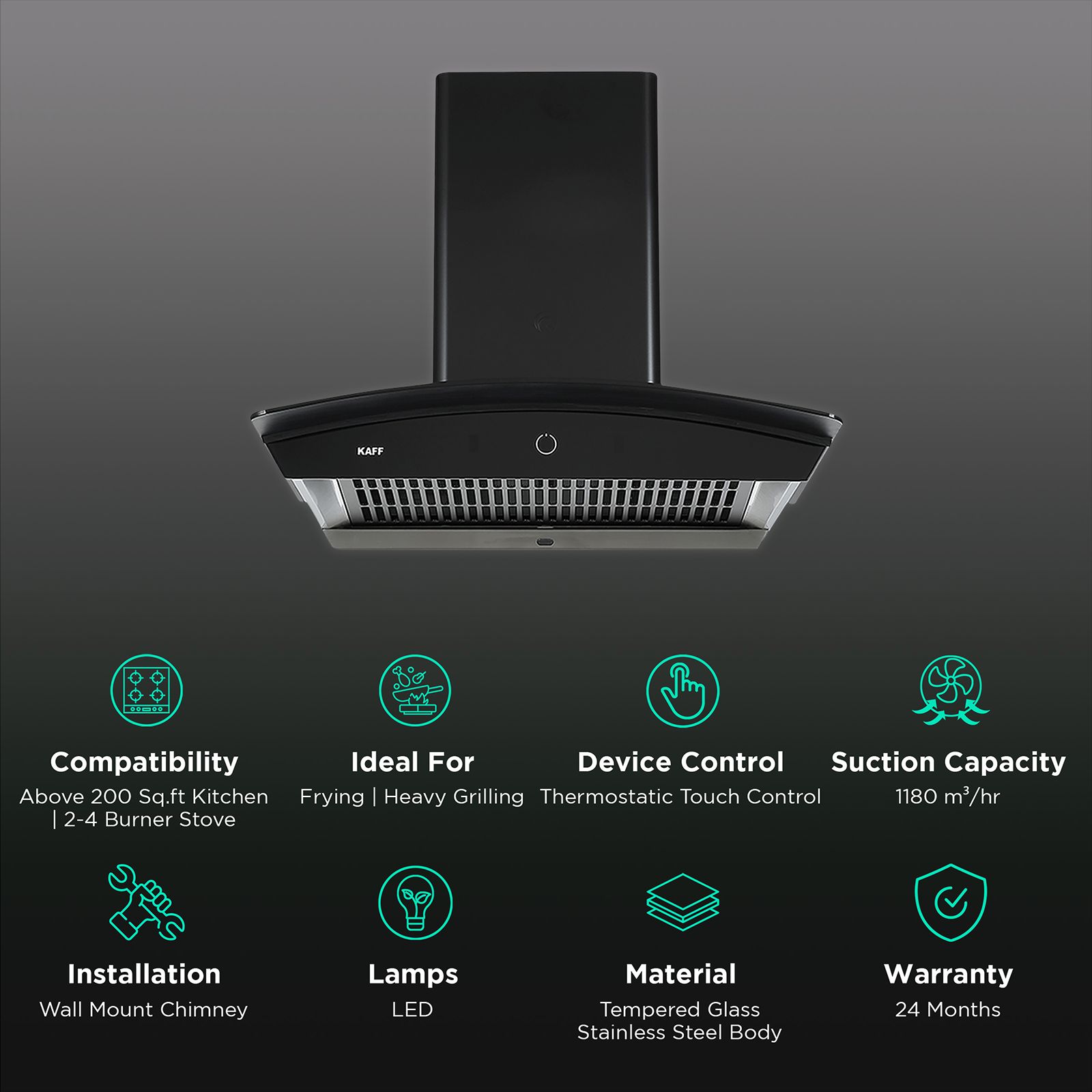 KAFF ROVER DHC 60cm 1180m3/hr Ducted Auto Clean Wall Mounted Chimney with Thermostatic Touch Control Panel (Black) KAFF ROVER DHC 60cm 1180m3/hr Ducted Auto Clean Wall Mounted Chimney with Thermostatic Touch Control Panel (Black)_3