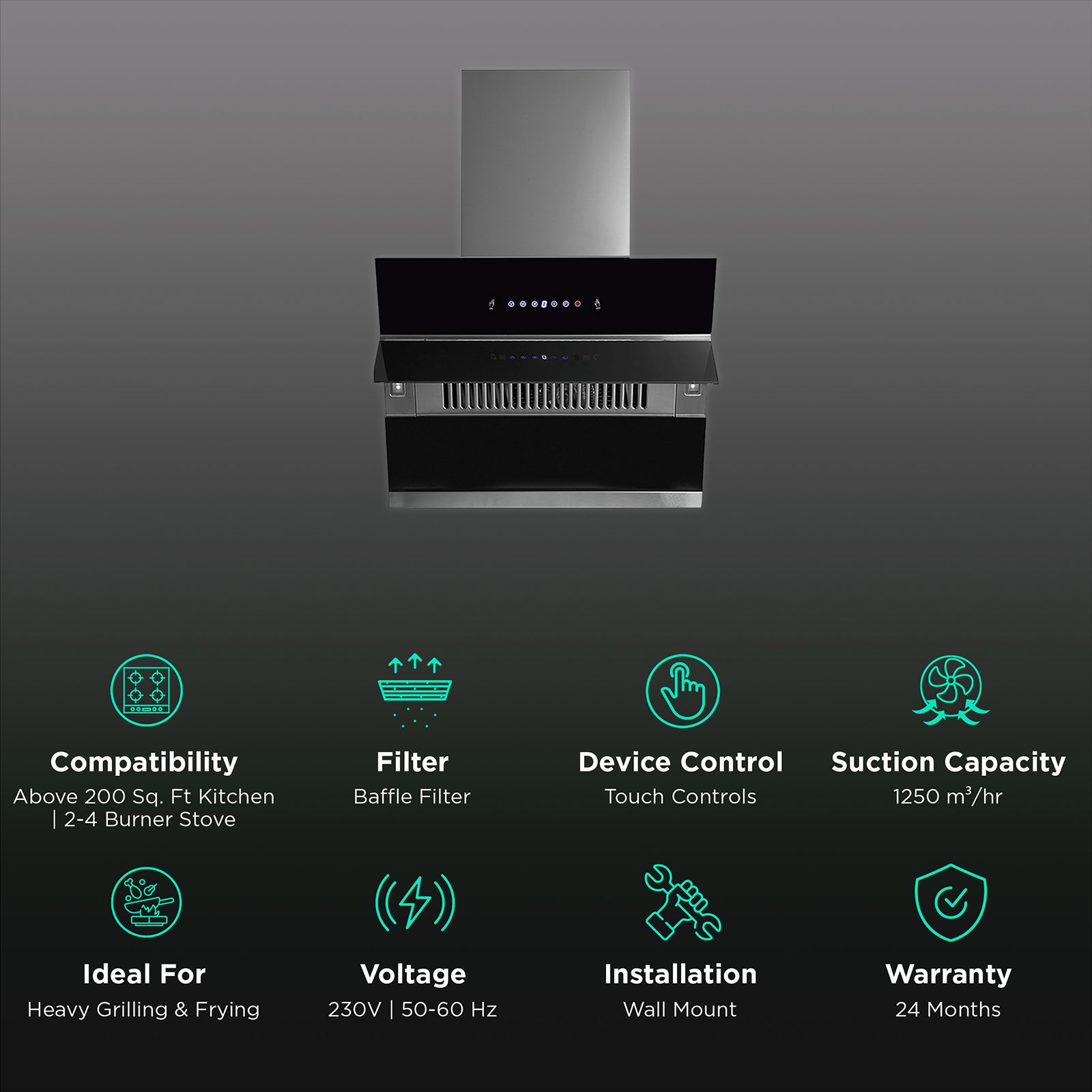 KAFF NOBELO TX DHC 60cm 1250m3/hr Ducted Auto Clean Wall Mounted Chimney with Touch Control Panel (Black) KAFF NOBELO TX DHC 60cm 1250m3/hr Ducted Auto Clean Wall Mounted Chimney with Touch Control Panel (Black)_3