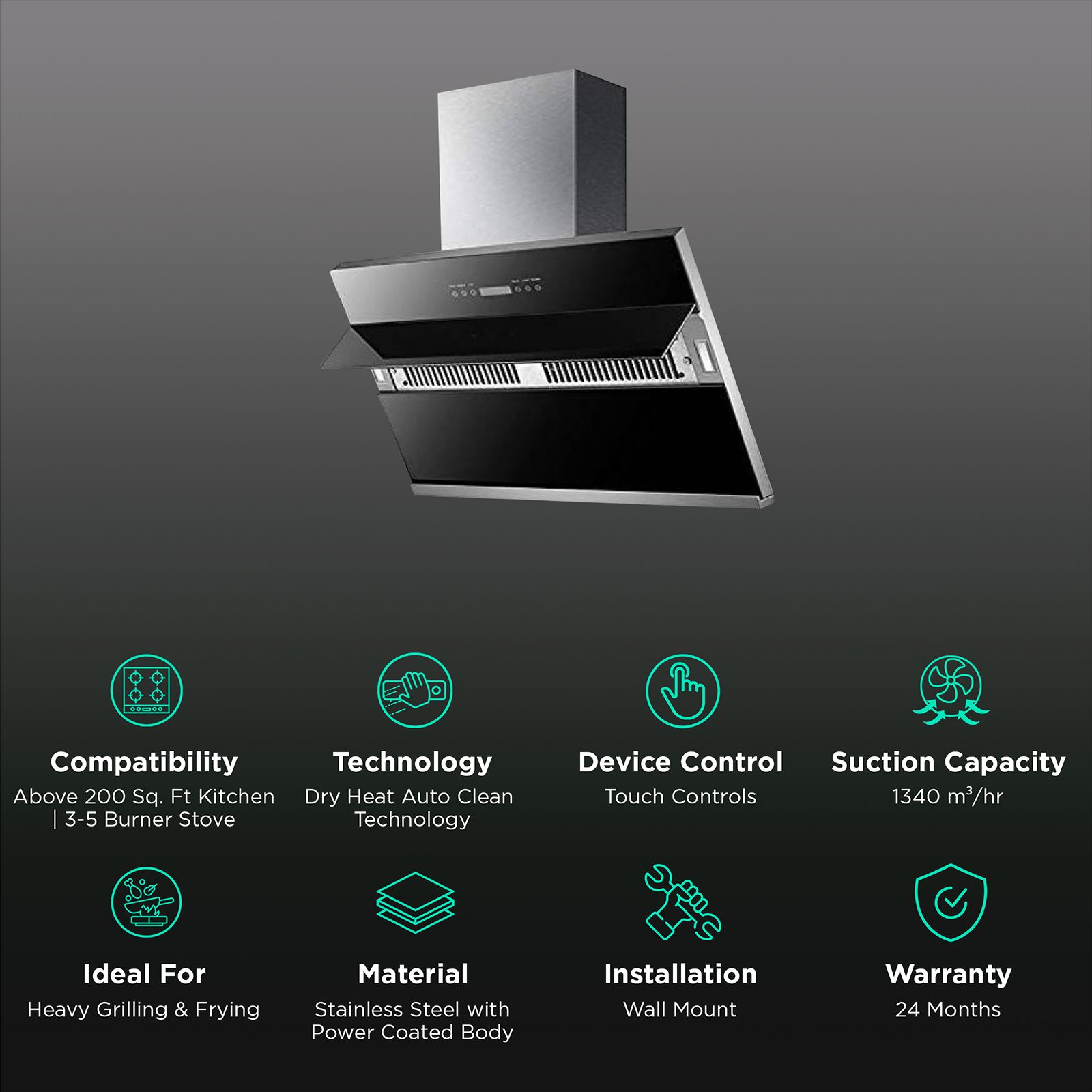 KAFF NOBELO TX DHC 90cm 1340m3/hr Ducted Auto Clean Wall Mounted Chimney with Touch Control Panel (Black) KAFF NOBELO TX DHC 90cm 1340m3/hr Ducted Auto Clean Wall Mounted Chimney with Touch Control Panel (Black)_3