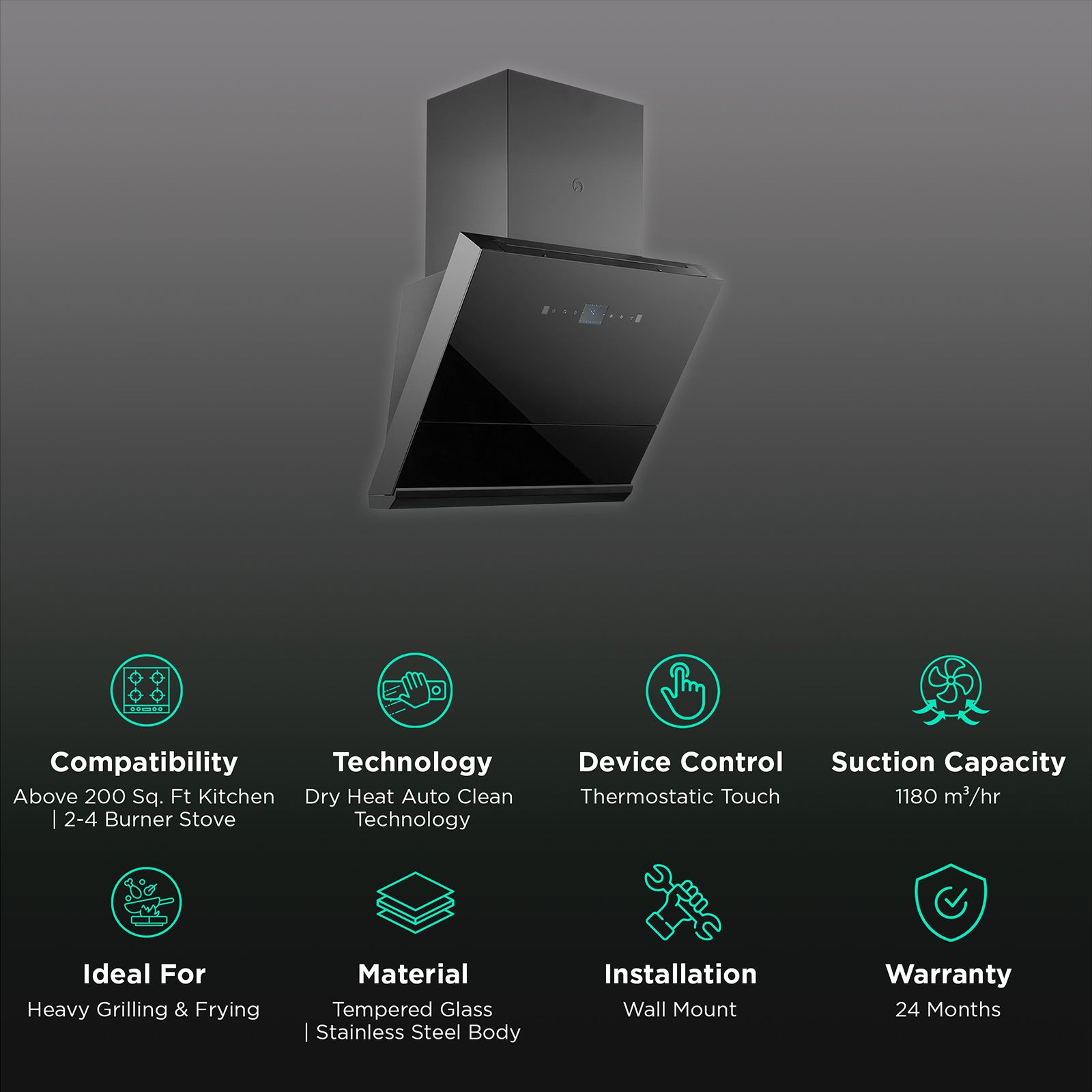 KAFF HAWK DHC 60cm 1180m3/hr Ducted Auto Clean Wall Mounted Chimney with Thermostatic Touch Control Panel (Black) KAFF HAWK DHC 60cm 1180m3/hr Ducted Auto Clean Wall Mounted Chimney with Thermostatic Touch Control Panel (Black)_3