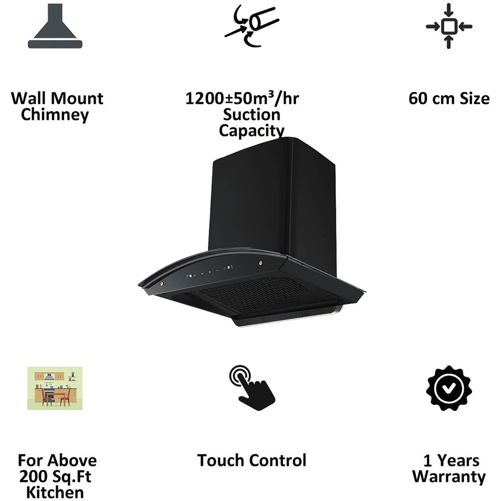 Kutchina Romania 60cm 1250m3/hr Ducted Auto Clean Wall Mounted Chimney with Wave Sensor (Black) Kutchina Romania 60cm 1250m3/hr Ducted Auto Clean Wall Mounted Chimney with Wave Sensor (Black)_7