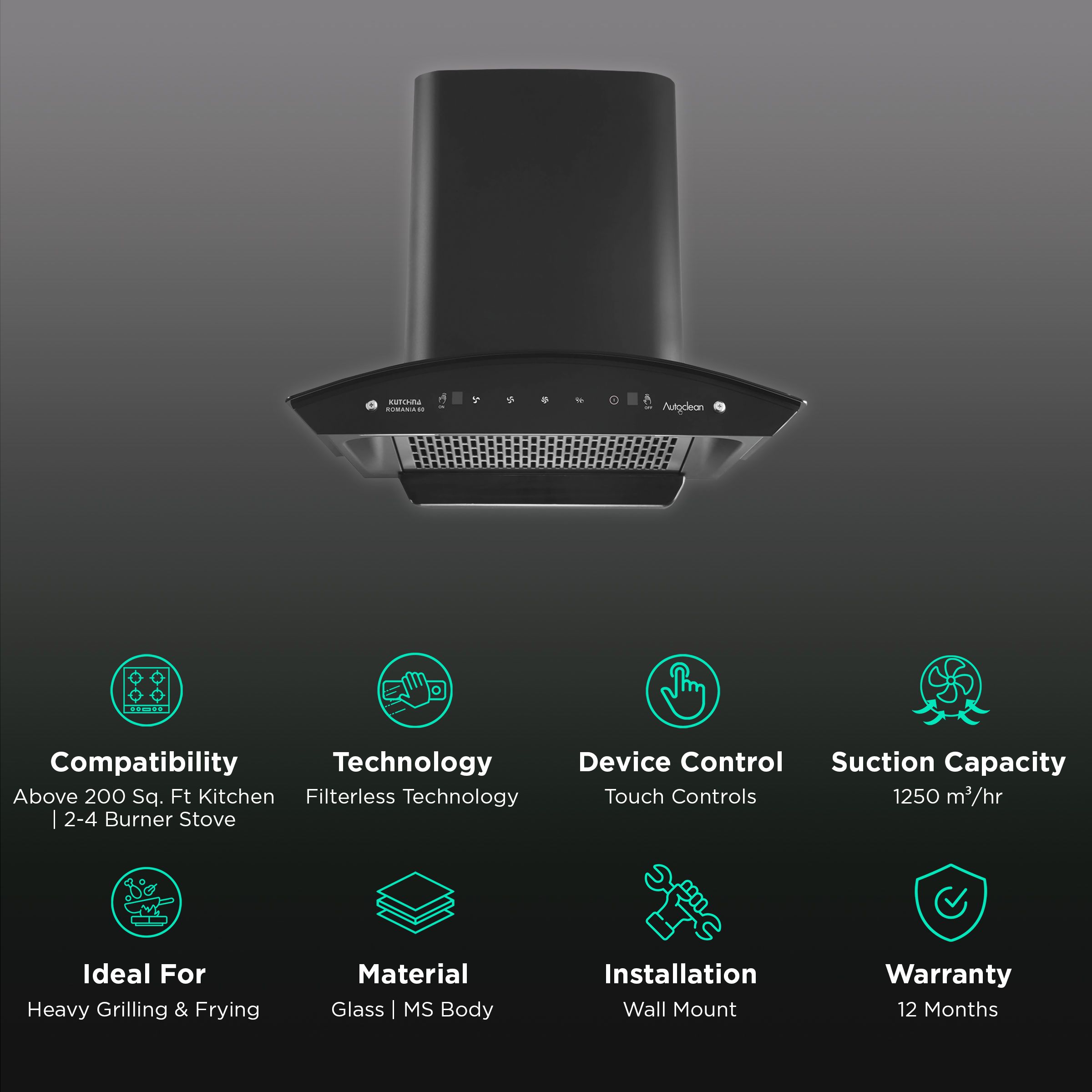 Kutchina Romania 60cm 1250m3/hr Ducted Auto Clean Wall Mounted Chimney with Wave Sensor (Black) Kutchina Romania 60cm 1250m3/hr Ducted Auto Clean Wall Mounted Chimney with Wave Sensor (Black)_3