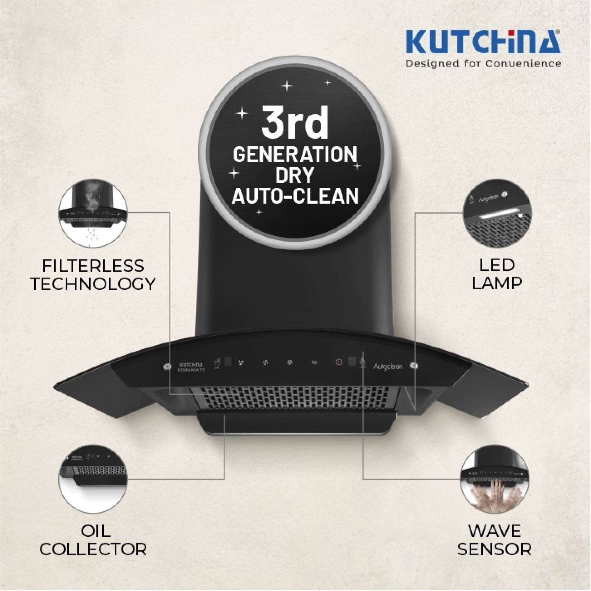 Kutchina Romania 75cm 1250m3/hr Ducted Auto Clean Wall Mounted Chimney with Wave Sensor (Black)_7