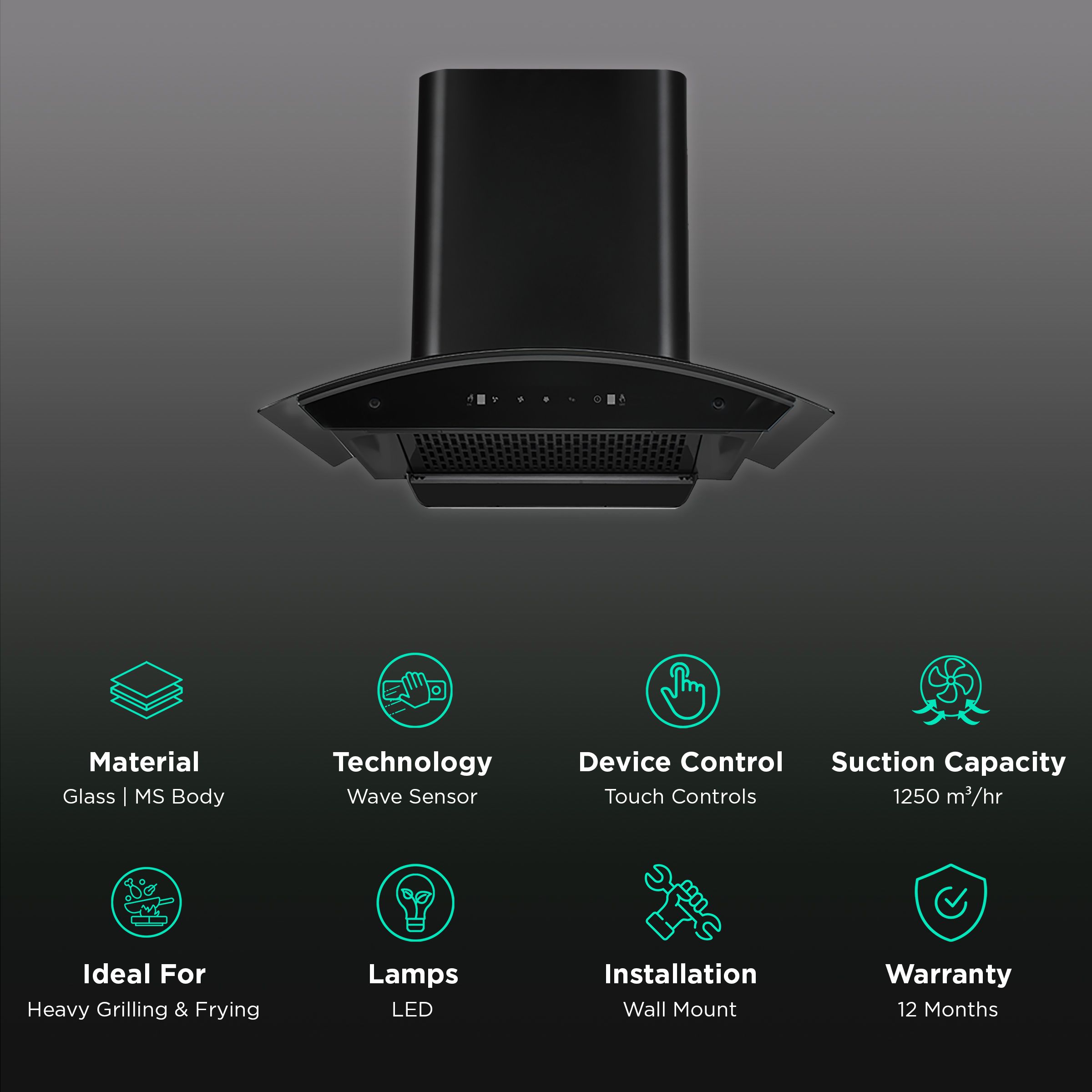 Kutchina Romania 75cm 1250m3/hr Ducted Auto Clean Wall Mounted Chimney with Wave Sensor (Black)_3