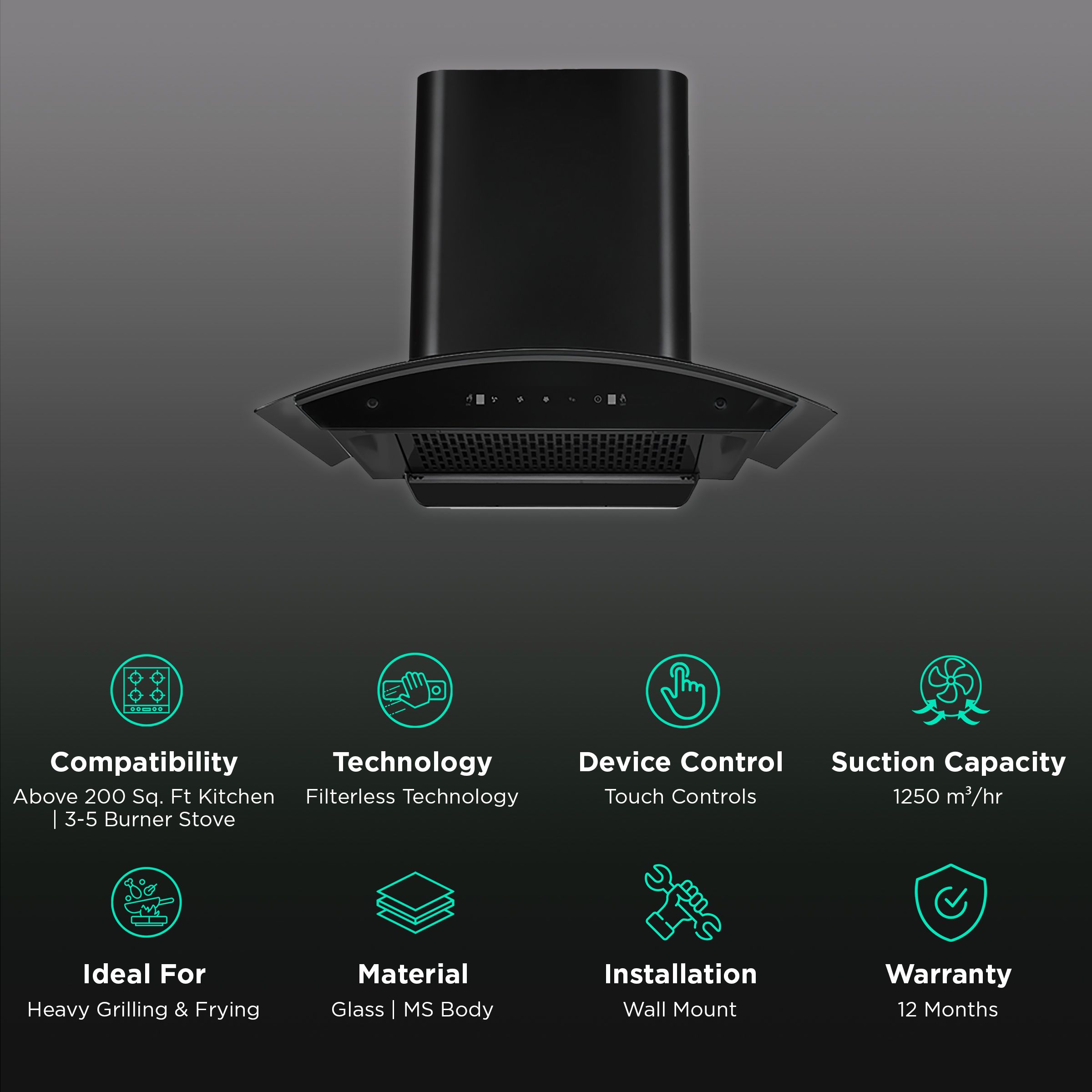 Kutchina Romania 90cm 1250m3/hr Ducted Auto Clean Wall Mounted Chimney with Wave Sensor (Black) Kutchina Romania 90cm 1250m3/hr Ducted Auto Clean Wall Mounted Chimney with Wave Sensor (Black)_3
