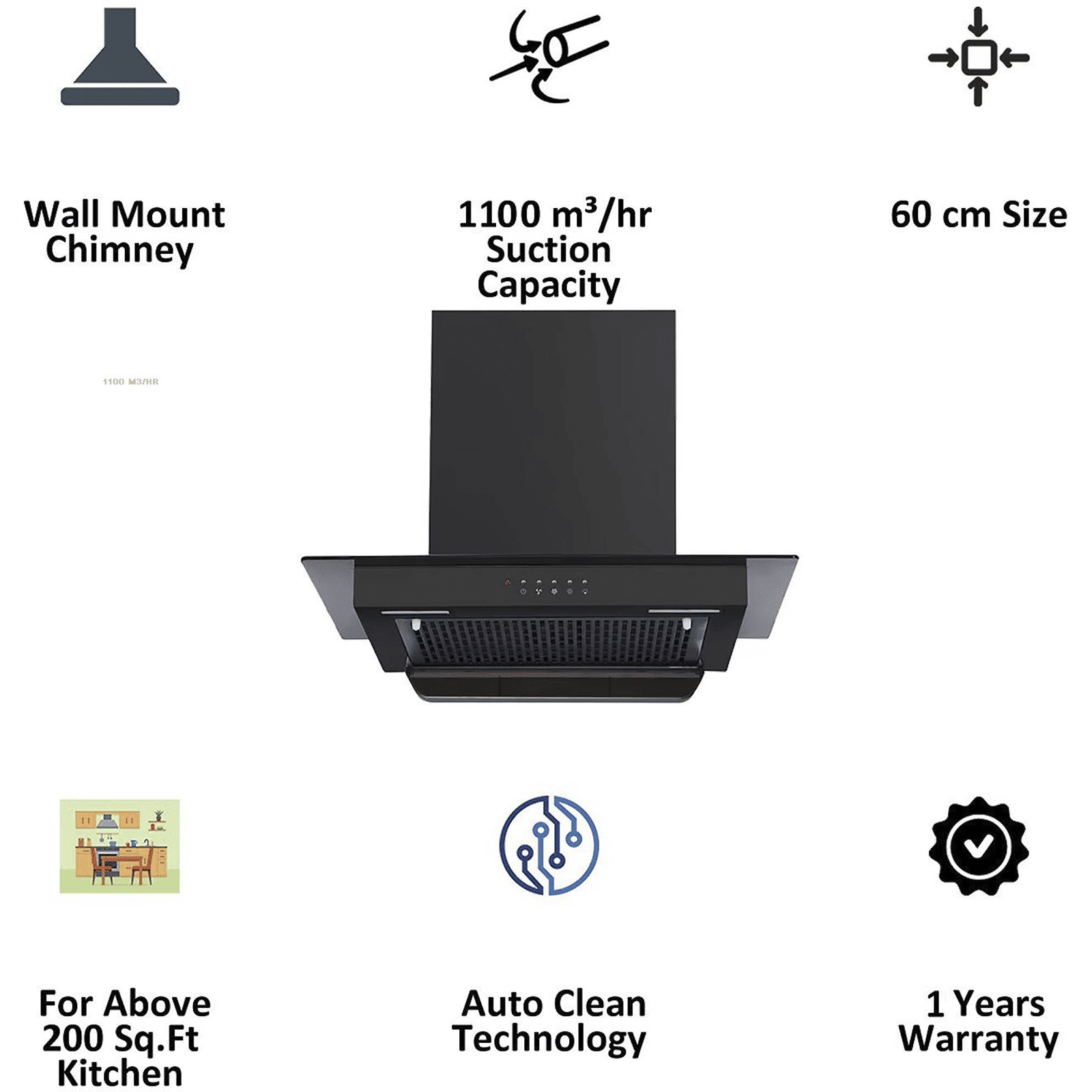 Kutchina Energia 60cm 1150m3/hr Ducted Auto Clean Wall Mounted Chimney with Push Button Switch (Black)_5