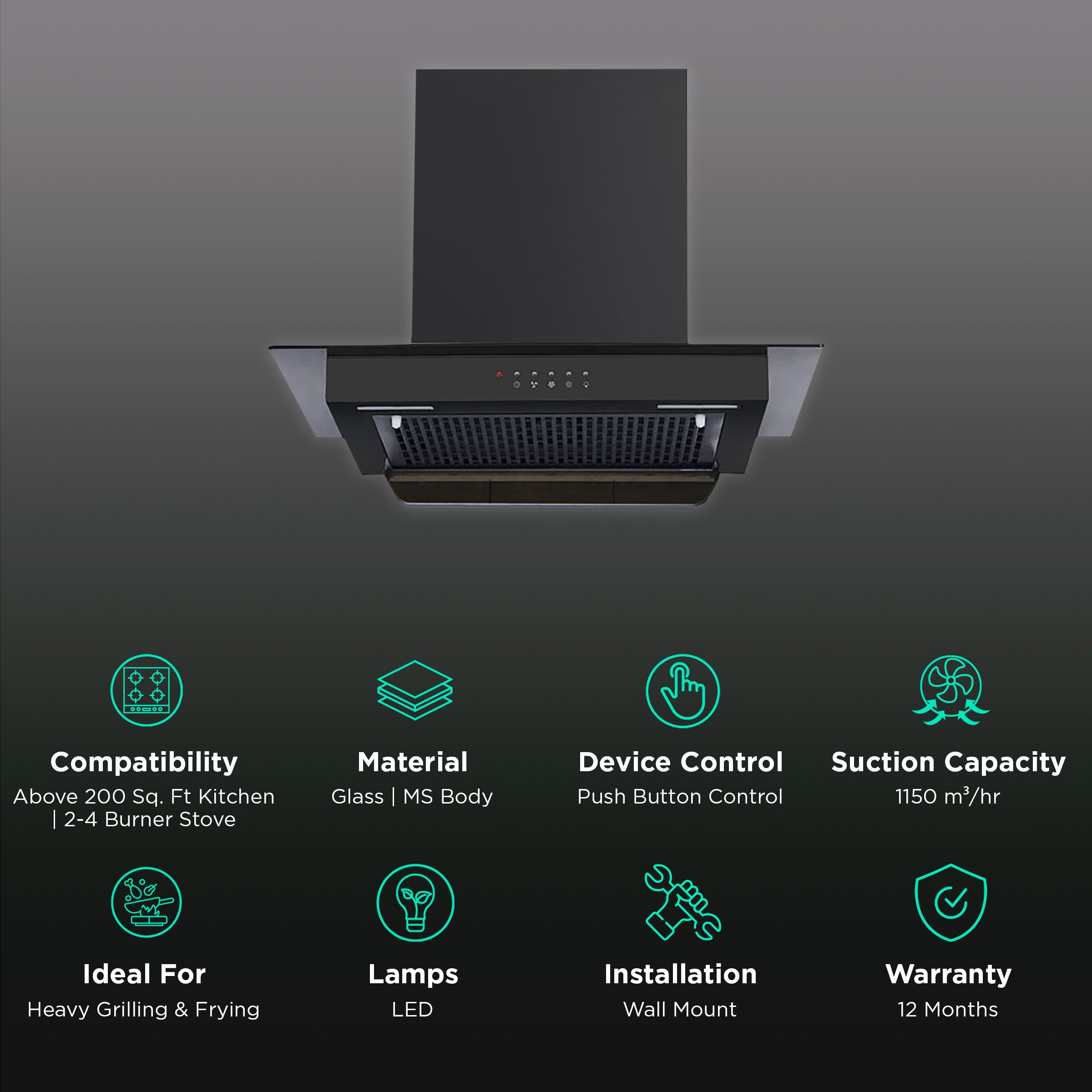Kutchina Energia 60cm 1150m3/hr Ducted Auto Clean Wall Mounted Chimney with Push Button Switch (Black)_3