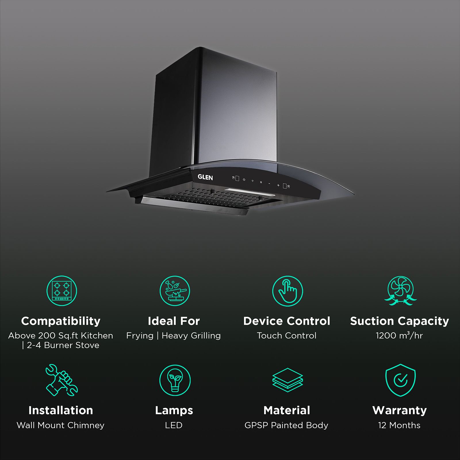GLEN 6060 BL 60cm 1200m3/hr Ducted Auto Clean Wall Mounted Chimney with Touch Control Panel (Black)_3