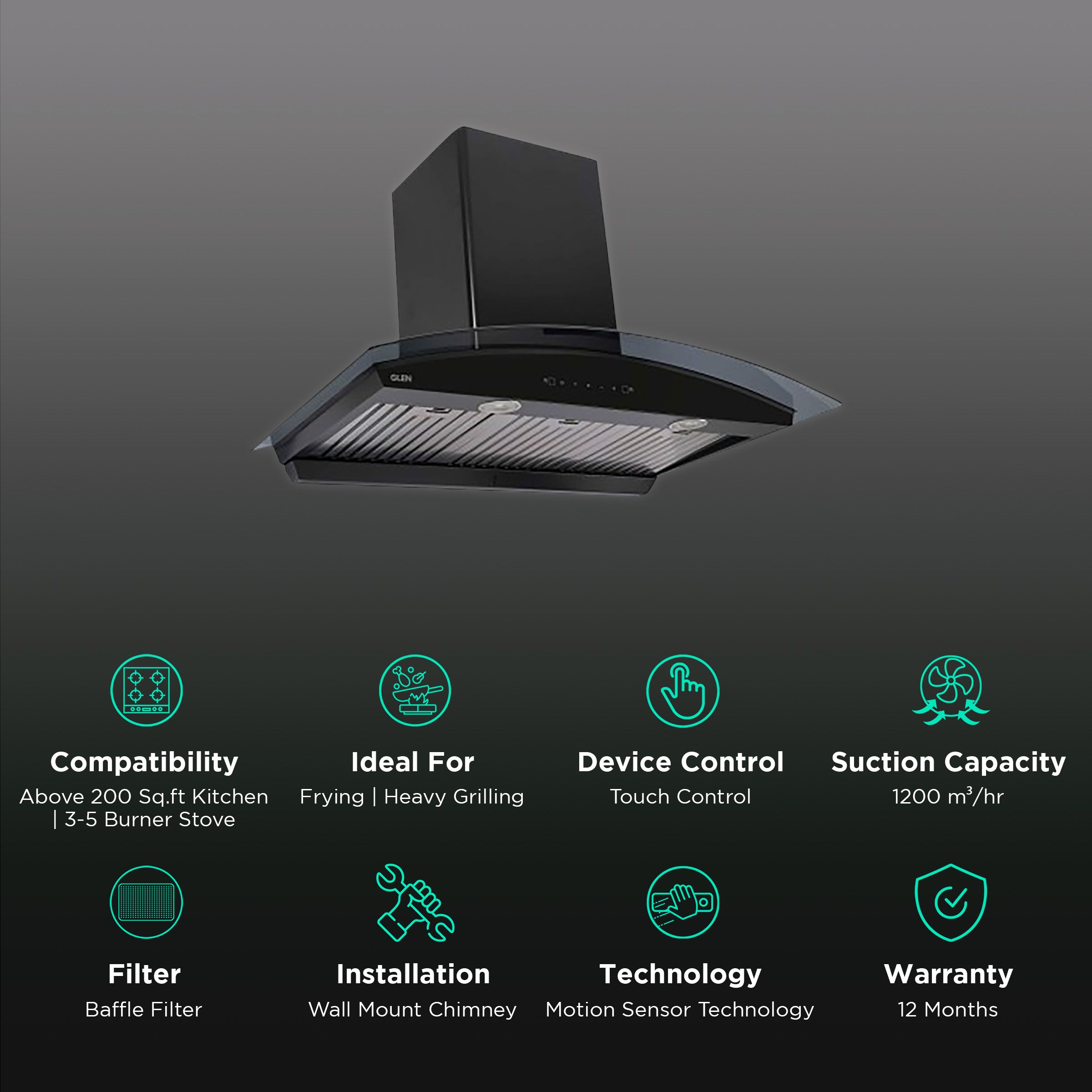 GLEN 6066 BL MS 90cm 1200m3/hr Ducted Wall Mounted Chimney with Touch Control Panel (Grey) GLEN 6066 BL MS 90cm 1200m3/hr Ducted Wall Mounted Chimney with Touch Control Panel (Grey)_3