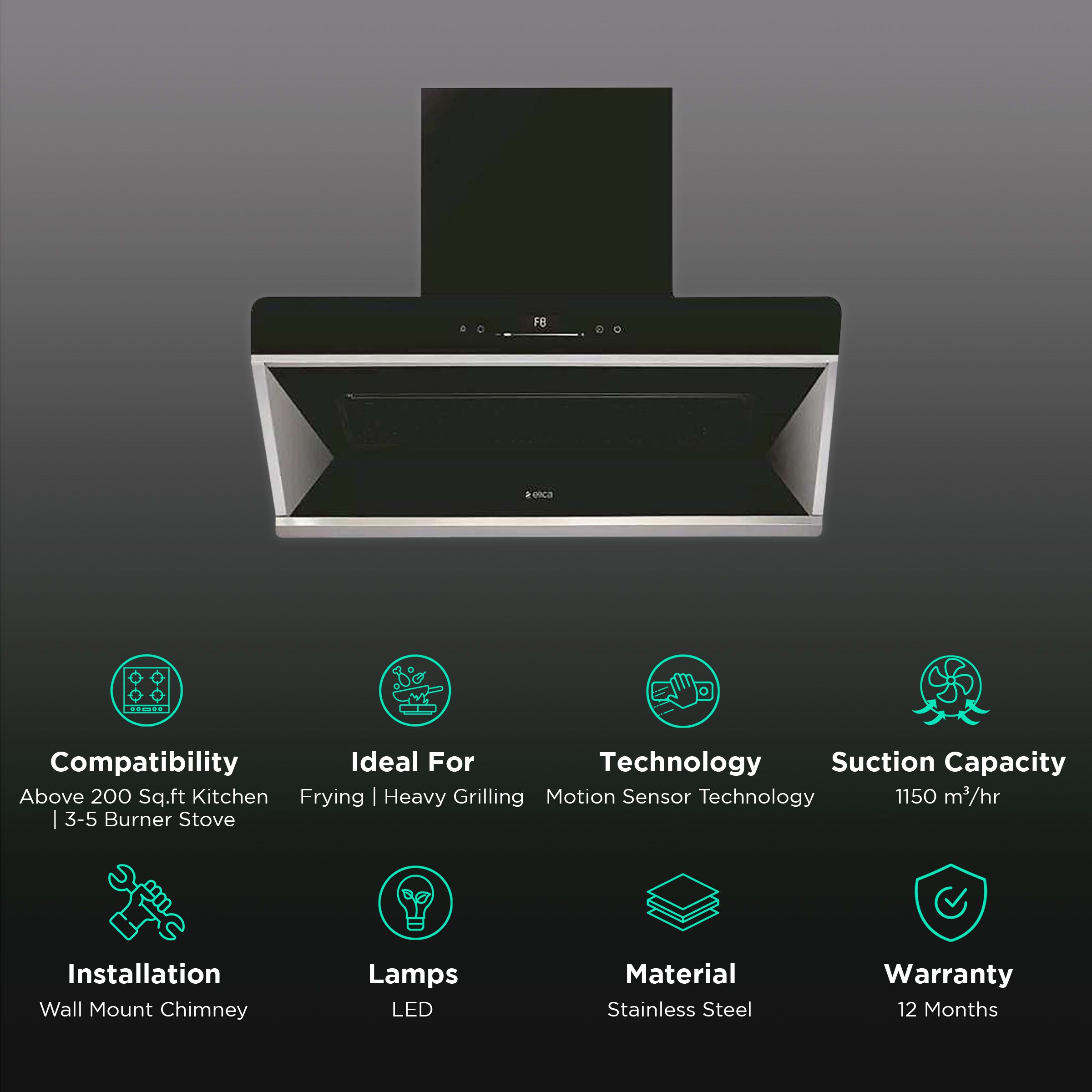 elica EFL S 903 V8PS PLUS 90cm 1150m3/hr Ducted Auto Clean Wall Mounted Chimney with Motion Sensor Controls (Black)_3