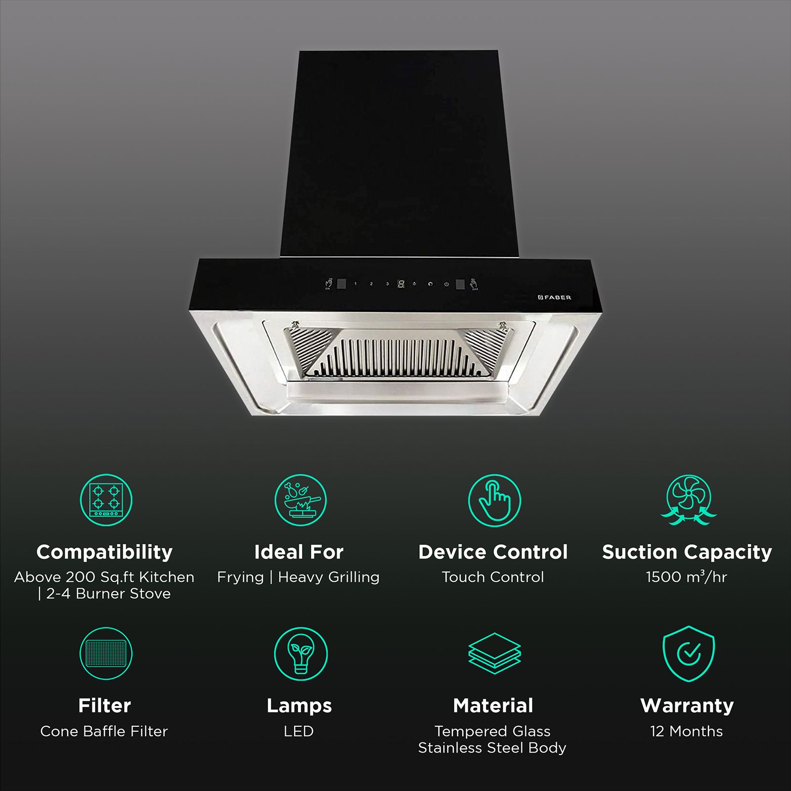 FABER JUPITER PLUS HC SC BK 60cm 1500m3/hr Ducted Auto Clean Wall Mounted Chimney with Touch Control Panel (Black) FABER JUPITER PLUS HC SC BK 60cm 1500m3/hr Ducted Auto Clean Wall Mounted Chimney with Touch Control Panel (Black)_3