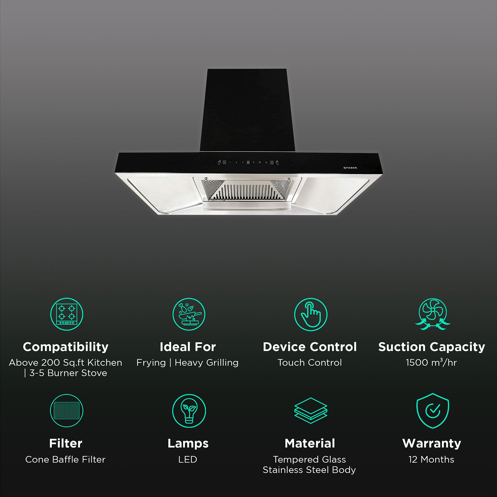 FABER JUPITER PLUS HC SC BK 90cm 1500m3/hr Ducted Auto Clean Wall Mounted Chimney with Touch Control Panel (Black) FABER JUPITER PLUS HC SC BK 90cm 1500m3/hr Ducted Auto Clean Wall Mounted Chimney with Touch Control Panel (Black)_3