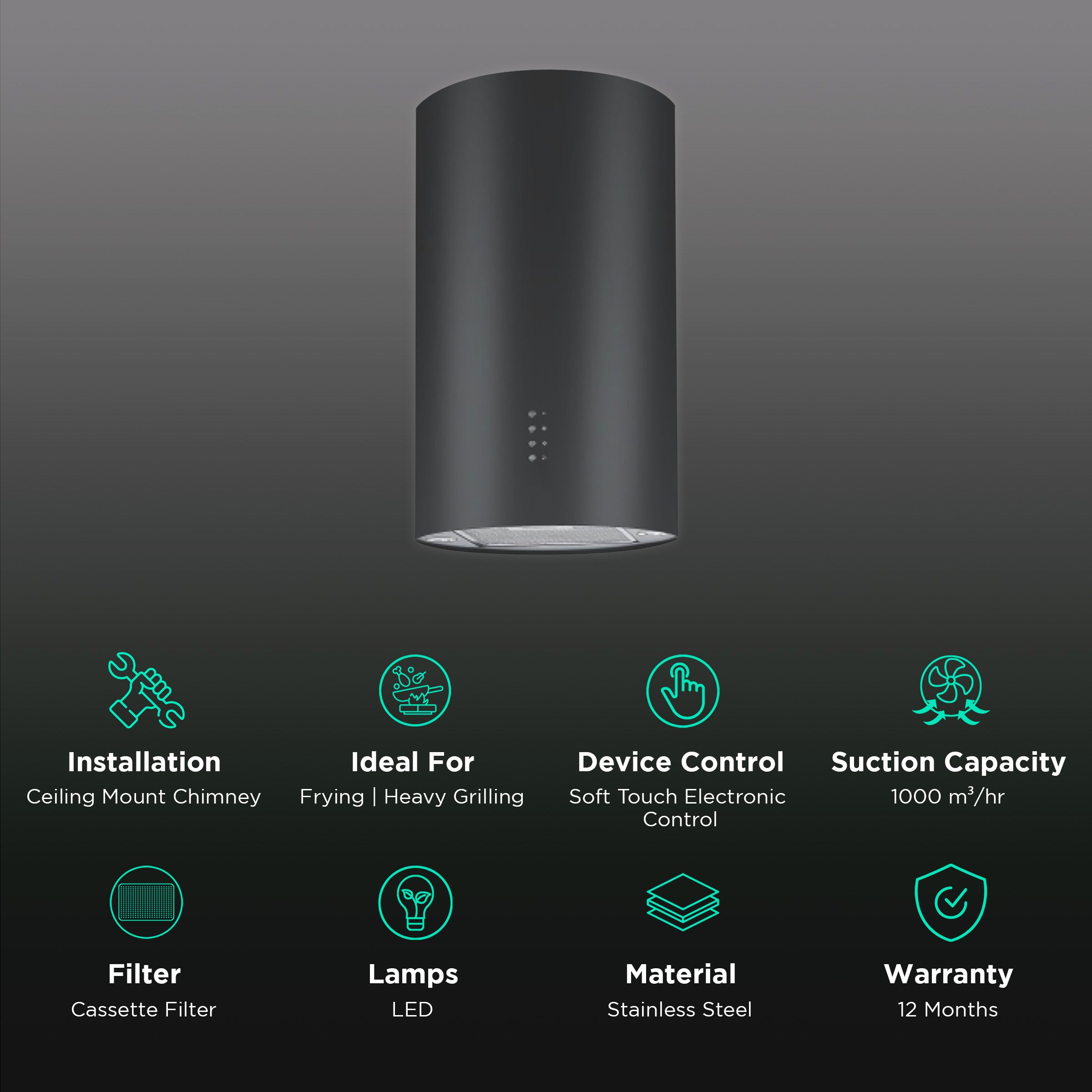elica CIRCLE ISLAND 350 NERO 35cm 1000m3/hr Ducted Ceiling Mounted Chimney with Soft Touch Electronic Control (Black) elica CIRCLE ISLAND 350 NERO 35cm 1000m3/hr Ducted Ceiling Mounted Chimney with Soft Touch Electronic Control (Black)_3