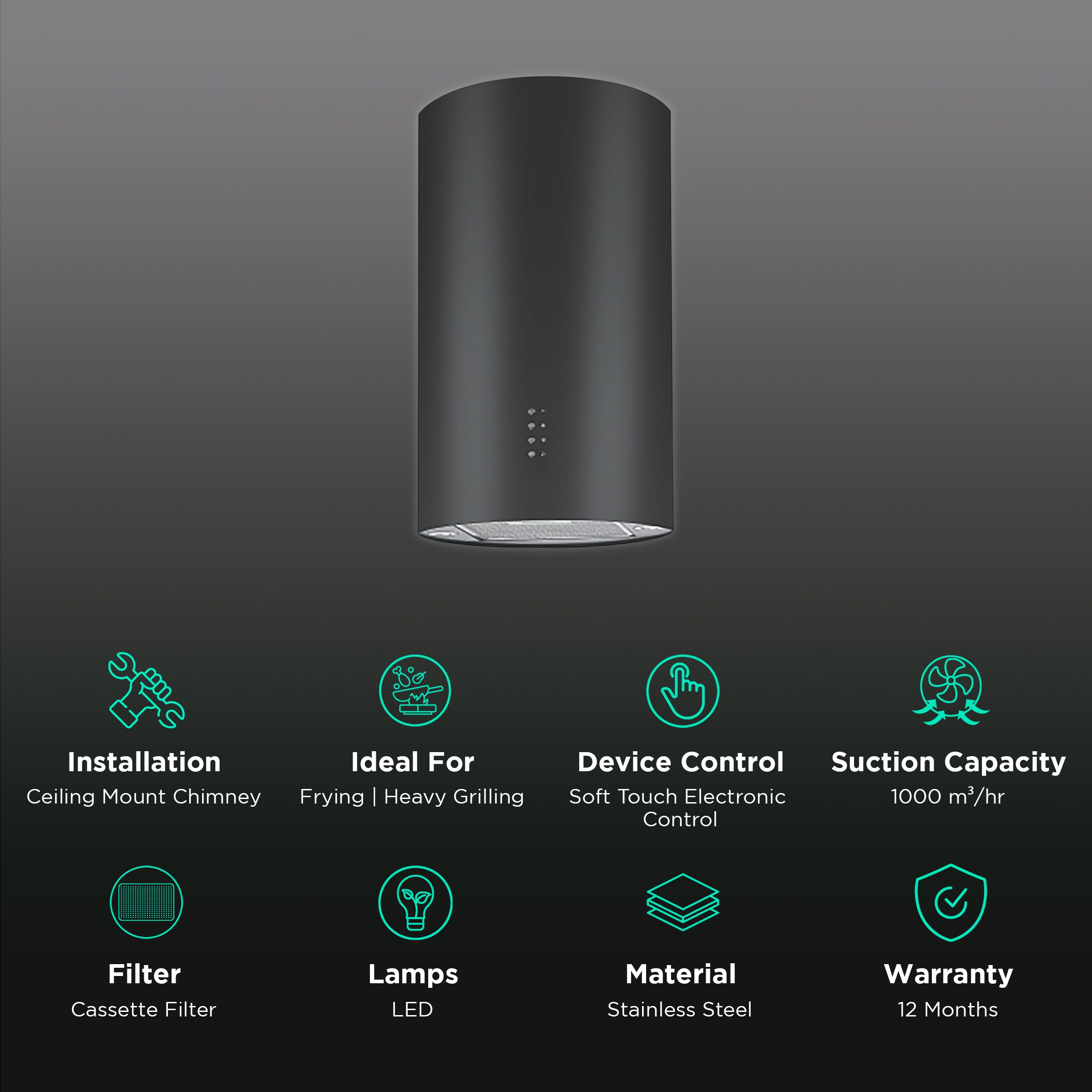 elica CIRCLE ISLAND 350 NERO 35cm 1000m3/hr Ducted Ceiling Mounted Chimney with Soft Touch Electronic Control (Stainless Steel)_3