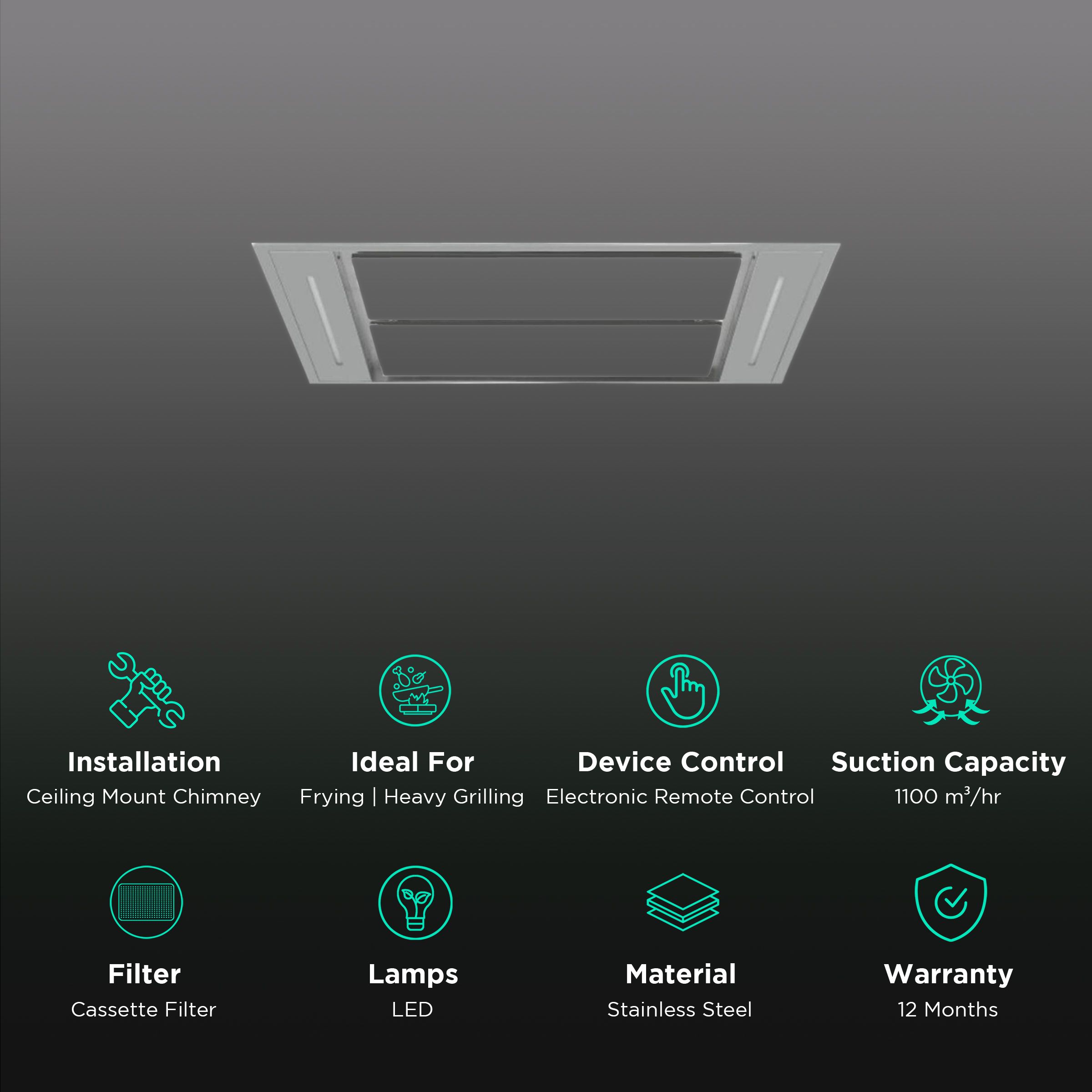 elica GLACIER 110 WH 110cm 1100m3/hr Ducted Ceiling Mounted Chimney with LED Lamp (Stainless Steel) elica GLACIER 110 WH 110cm 1100m3/hr Ducted Ceiling Mounted Chimney with LED Lamp (Stainless Steel)_3