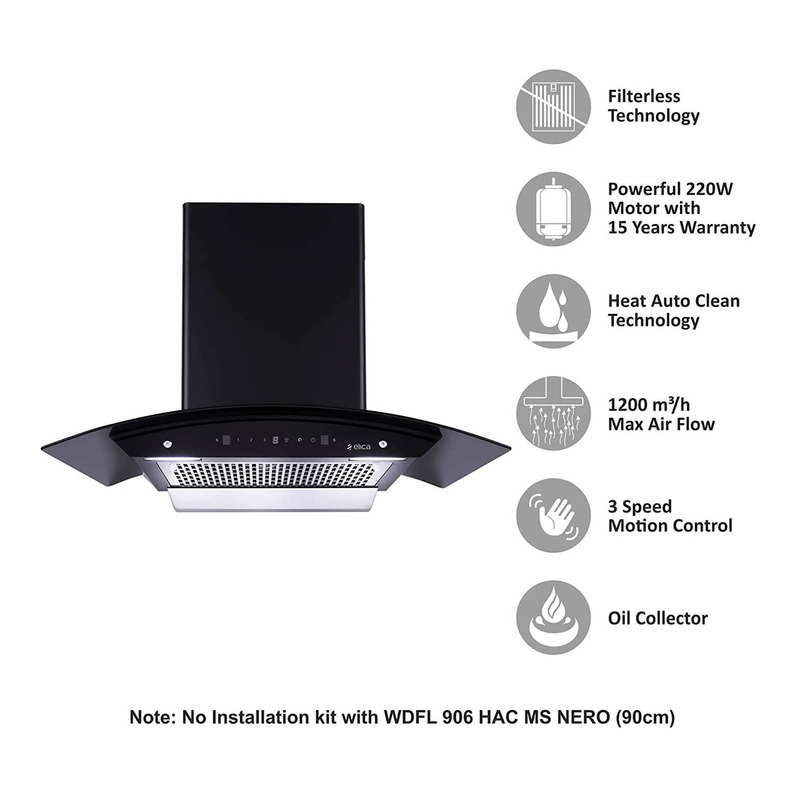 elica WDFL 906 HAC LTW MS NERO 90cm 1200m3/hr Ducted Auto Clean Wall Mounted Chimney with Touch Control Panel (Black) elica WDFL 906 HAC LTW MS NERO 90cm 1200m3/hr Ducted Auto Clean Wall Mounted Chimney with Touch Control Panel (Black)_14