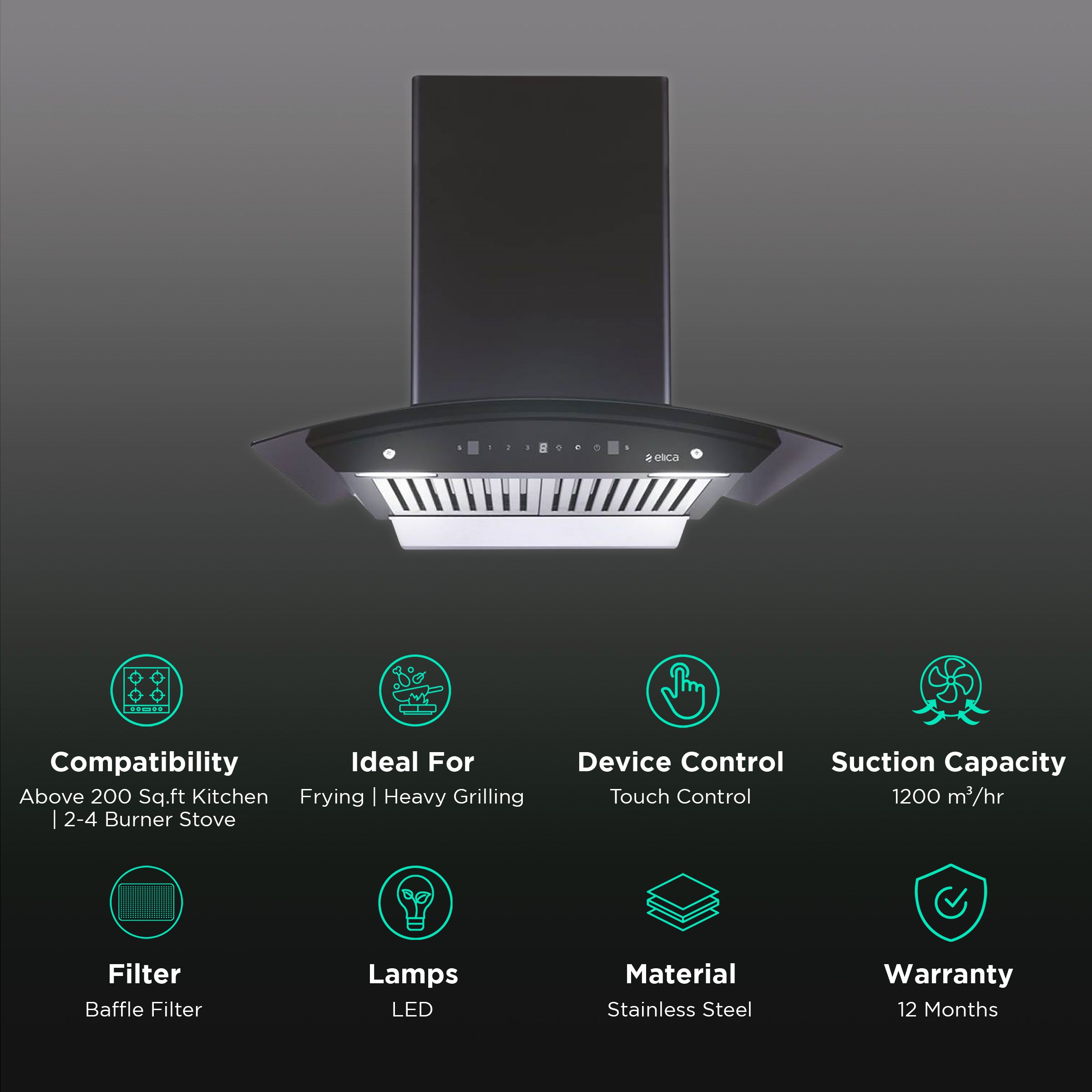 elica WDBF 606 HC MS NERO 60cm 1200m3/hr Ducted Auto Clean Wall Mounted Chimney with Touch Control Panel (Black) elica WDBF 606 HC MS NERO 60cm 1200m3/hr Ducted Auto Clean Wall Mounted Chimney with Touch Control Panel (Black)_3