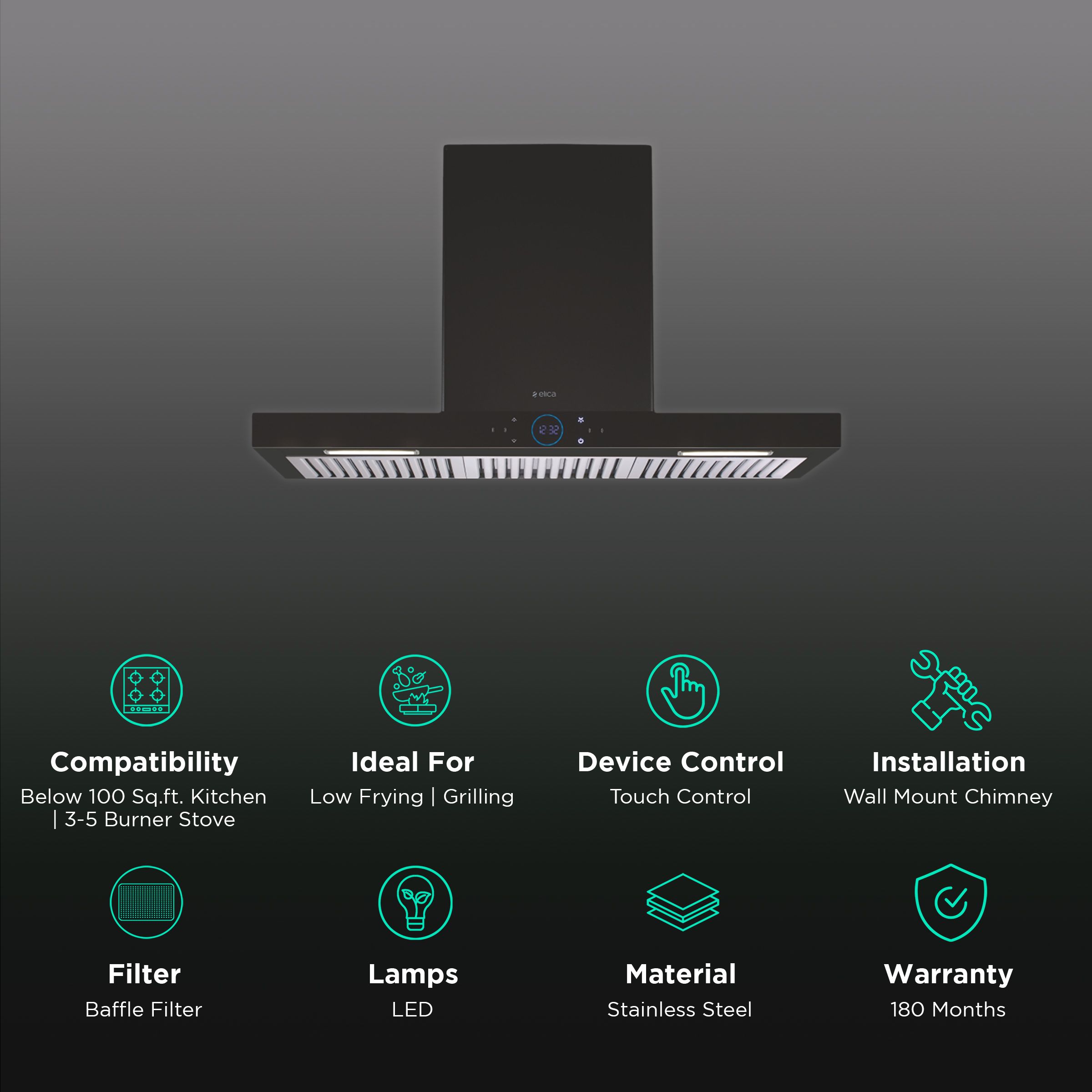 elica ISMART SPOT H6 BF LTW 90 NERO 90cm Ductless Wall Mounted Chimney with Touch Control Panel (Black) elica ISMART SPOT H6 BF LTW 90 NERO 90cm Ductless Wall Mounted Chimney with Touch Control Panel (Black)_3