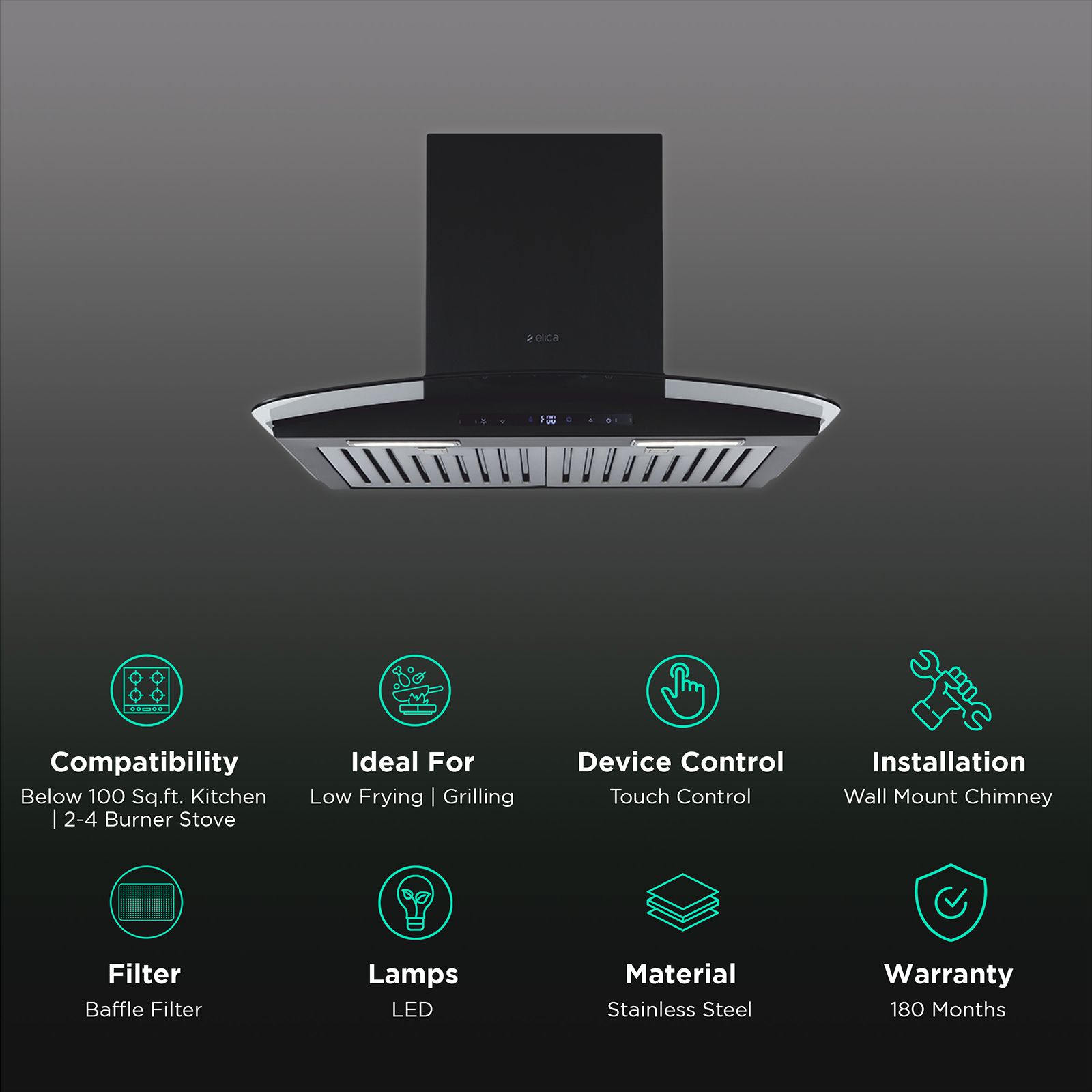 elica ISMART GLACE TRIM BF LTW 60 NERO 60cm Ducted Wall Mounted Chimney with Motion Sensor (Black) elica ISMART GLACE TRIM BF LTW 60 NERO 60cm Ducted Wall Mounted Chimney with Motion Sensor (Black)_3