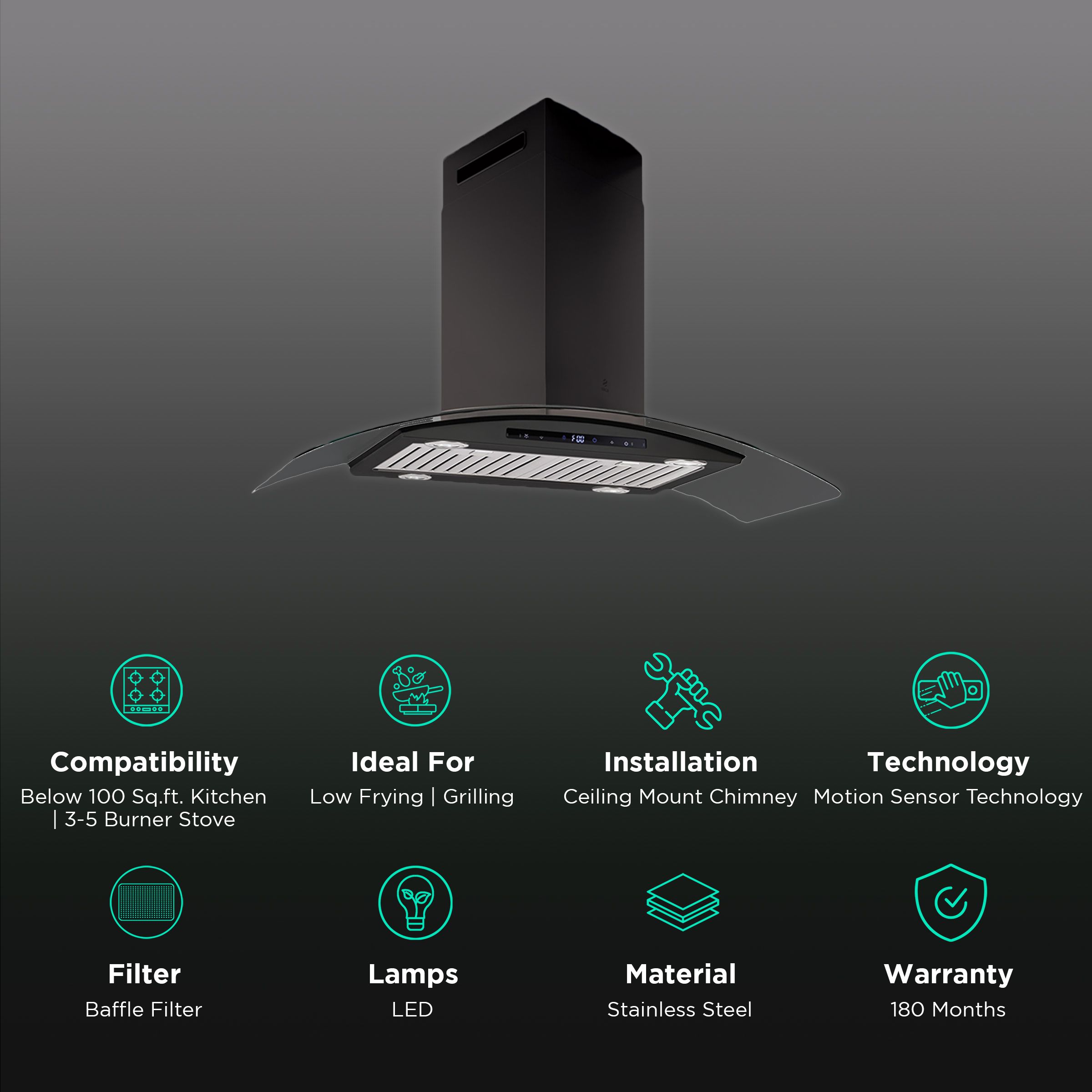 elica ISMART GLACE TRIM BF ISLAND LTW 90 90cm Ductless Ceiling Mounted Chimney with Motion Sensor (Black)_3