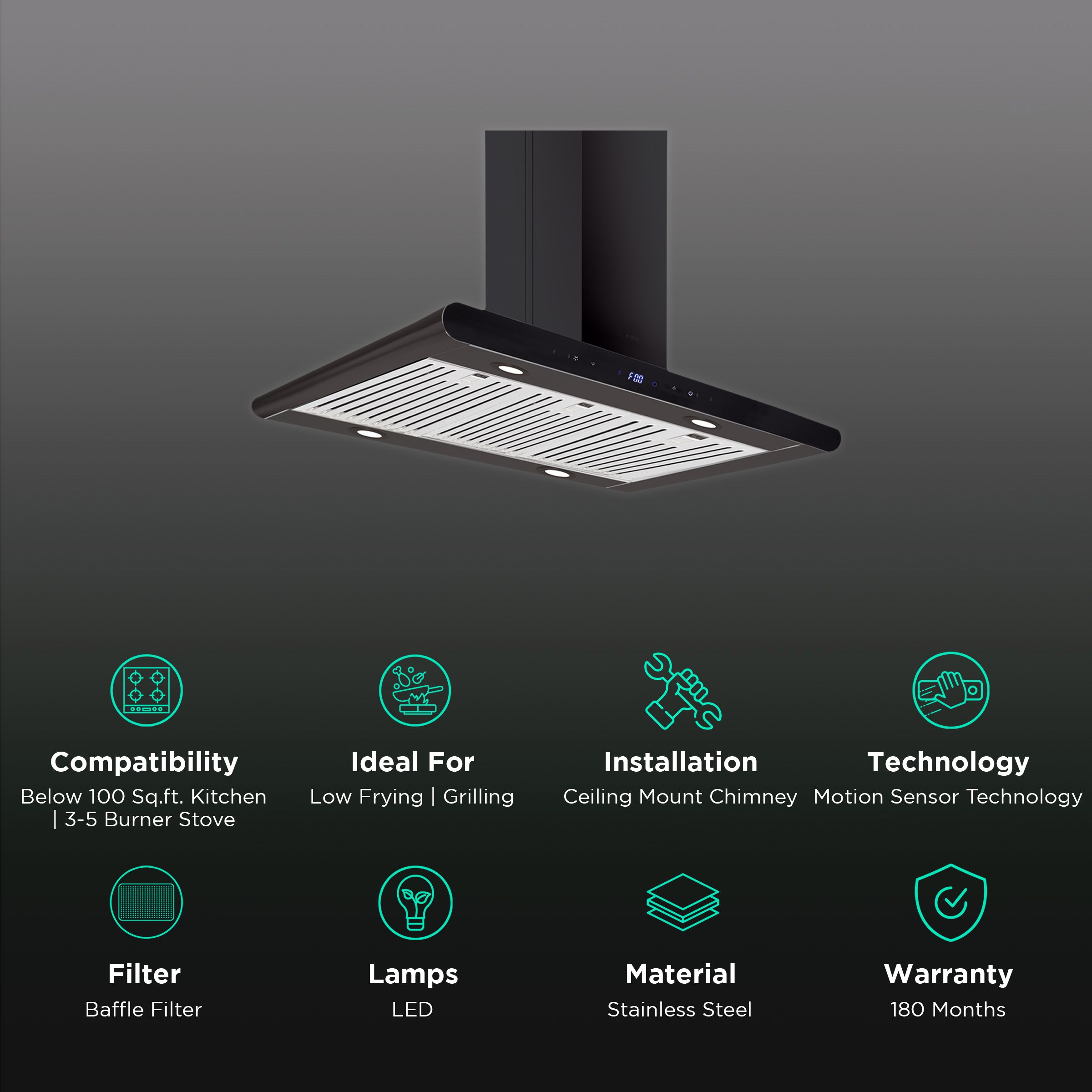 elica ISMART GALAXY BF ISLAND LTW 90 NERO 90cm Ductless Ceiling Mounted Chimney with Motion Sensor (Black) elica ISMART GALAXY BF ISLAND LTW 90 NERO 90cm Ductless Ceiling Mounted Chimney with Motion Sensor (Black)_3