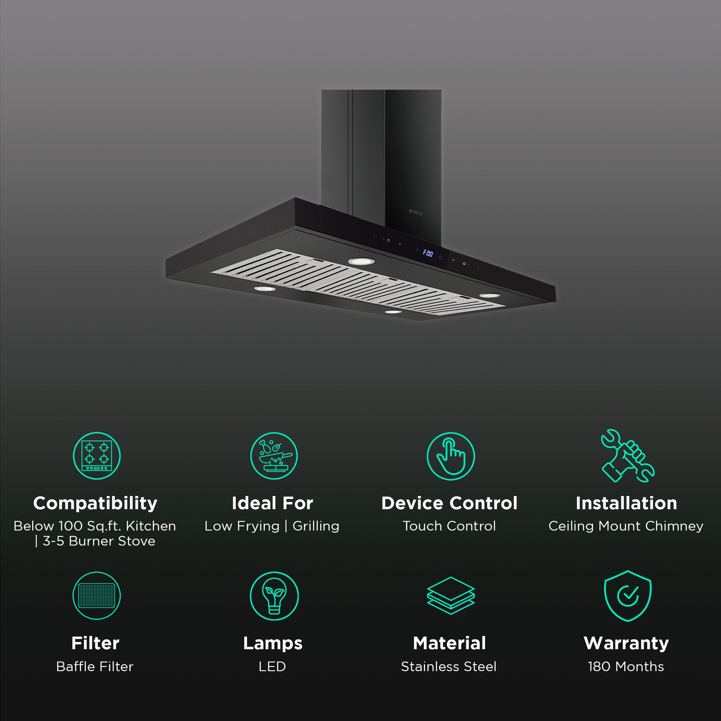 elica ISMART SPOT H6 BF ISLAND LTW 90 NERO 90cm Ducted Ceiling Mounted Chimney with Touch Control Panel (Black) elica ISMART SPOT H6 BF ISLAND LTW 90 NERO 90cm Ducted Ceiling Mounted Chimney with Touch Control Panel (Black)_3