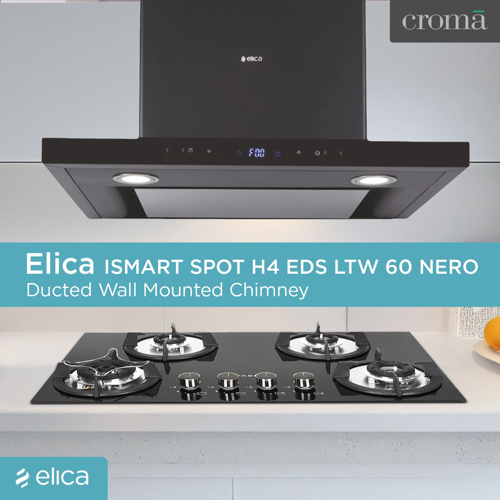 elica ISMART SPOT H4 EDS LTW 60 NERO 60cm Ducted Wall Mounted Chimney with Motion Sensor (Black)_8