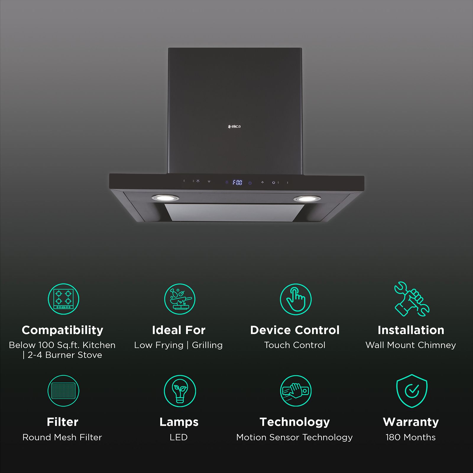 elica ISMART SPOT H4 EDS LTW 60 NERO 60cm Ducted Wall Mounted Chimney with Motion Sensor (Black)_3