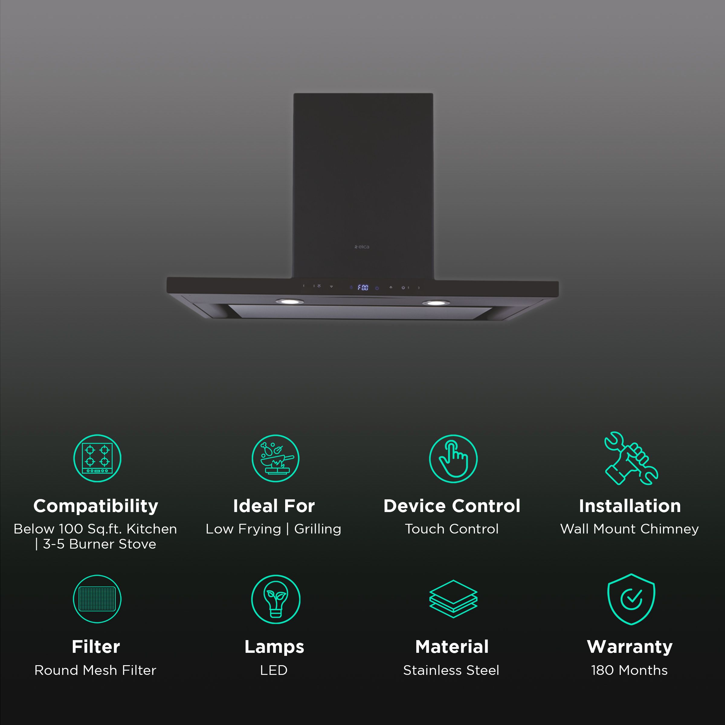 elica ISMART SPOT H4 EDS LTW 90 NERO 90cm Ducted Wall Mounted Chimney with Touch Control Panel (Black)_3