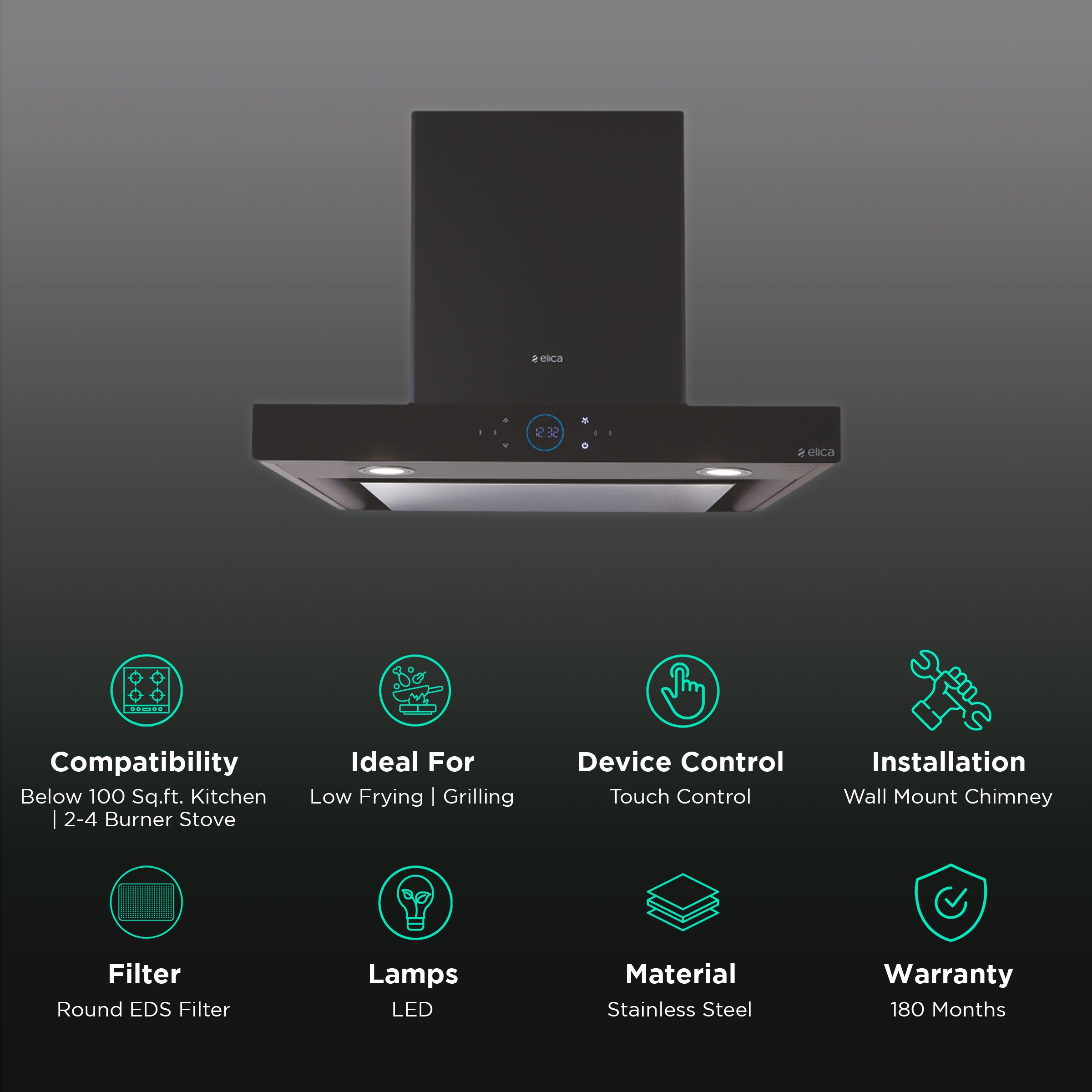 elica ISMART SPOT H6 EDS LTW 60 NERO 60cm Ducted Wall Mounted Chimney with Motion Sensor (Black) elica ISMART SPOT H6 EDS LTW 60 NERO 60cm Ducted Wall Mounted Chimney with Motion Sensor (Black)_3