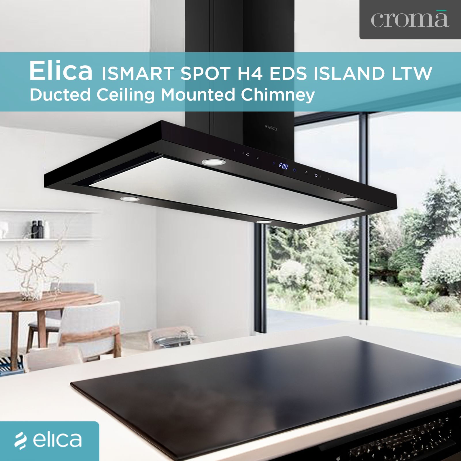 elica ISMART SPOT H4 EDS ISLAND LTW 90 NERO 90cm Ducted Ceiling Mounted Chimney with Touch Control Panel (Black)_4