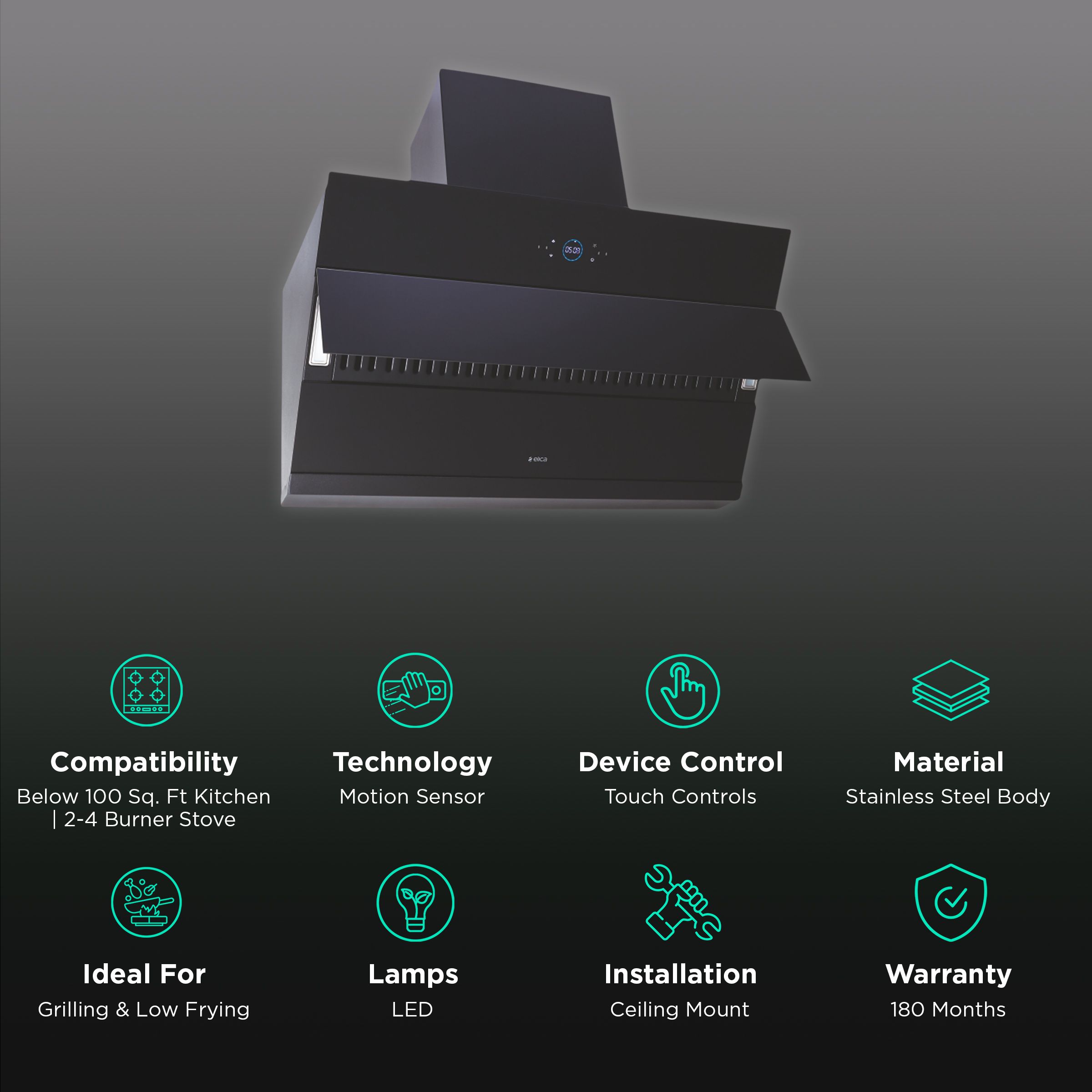 elica ISMART EFL HAC LTW 60 60cm Ductless Auto Clean Ceiling Mounted Chimney with Touch Control Panel (Black) elica ISMART EFL HAC LTW 60 60cm Ductless Auto Clean Ceiling Mounted Chimney with Touch Control Panel (Black)_3