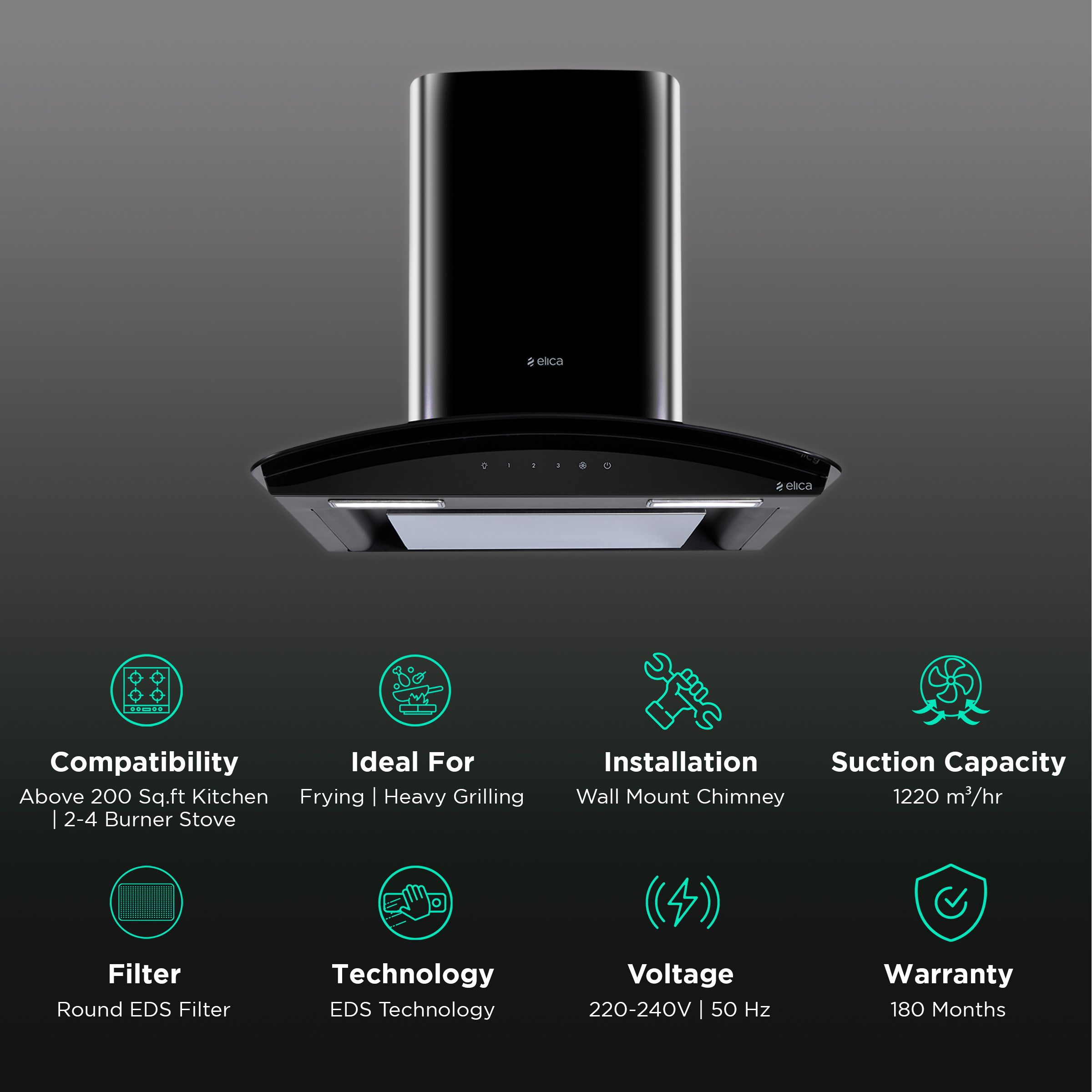 elica GLACE EDS PLUS HE LTW 60 BK T4V LE 60cm 1220m3/hr Ducted Wall Mounted Chimney with EDS Technology (Black) elica GLACE EDS PLUS HE LTW 60 BK T4V LE 60cm 1220m3/hr Ducted Wall Mounted Chimney with EDS Technology (Black)_3