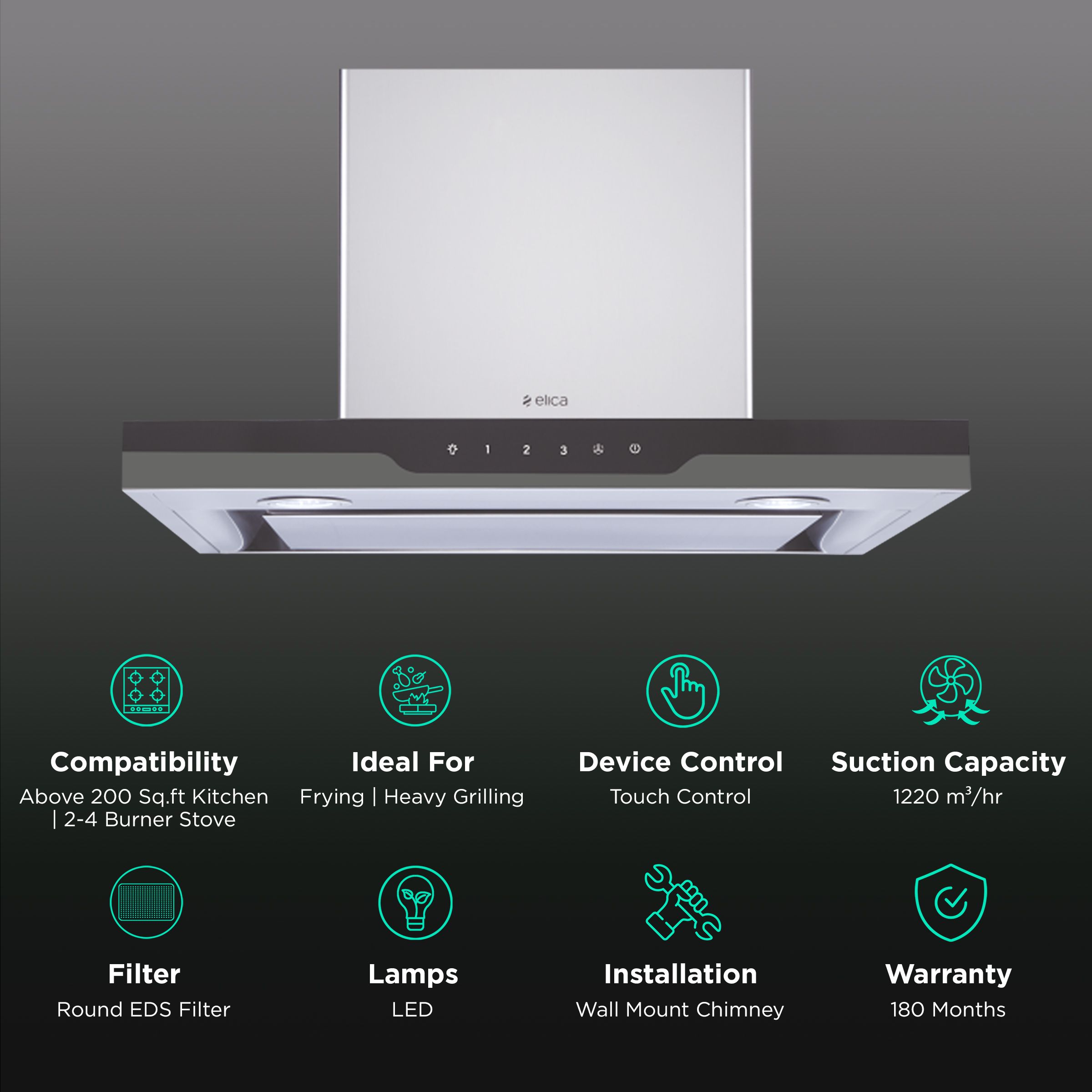 elica METEORITE EDS PLUS HE LTW 60 T4V LED 60cm 1220m3/hr Ducted Wall Mounted Chimney with Touch Control Panel (Stainless Steel) elica METEORITE EDS PLUS HE LTW 60 T4V LED 60cm 1220m3/hr Ducted Wall Mounted Chimney with Touch Control Panel (Stainless Steel)_3