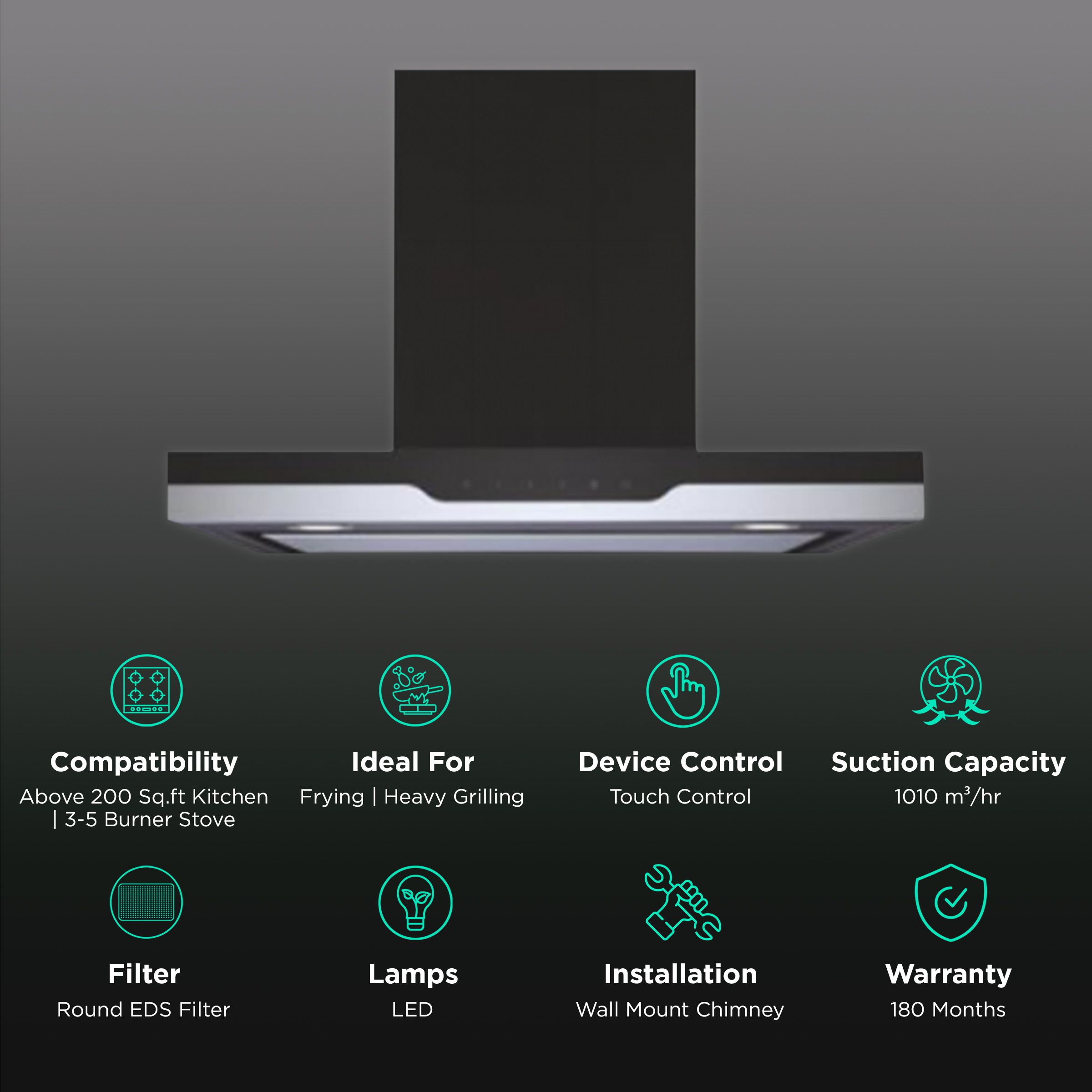 elica METEORITE EDS HE LTW 90 NERO T4V L 90cm 1010m3/hr Ducted Wall Mounted Chimney with Touch Control Panel (Black & Grey)_3