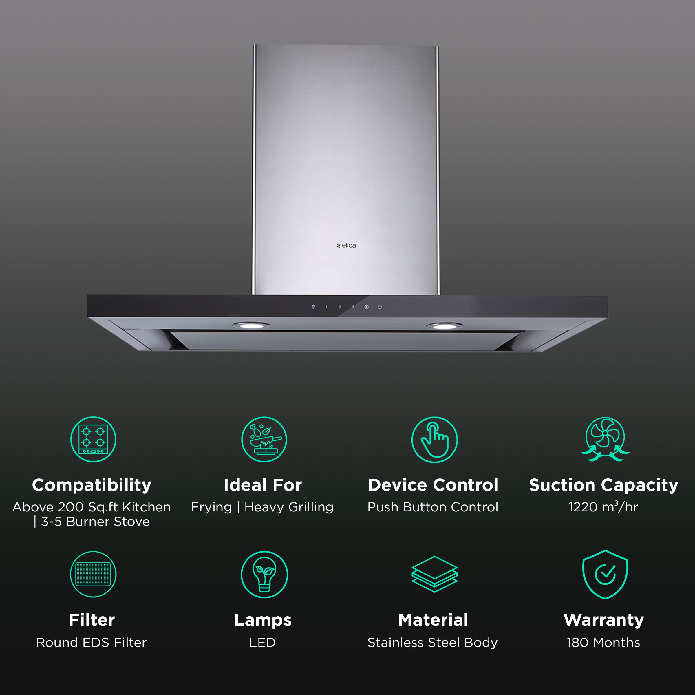 elica SPOT H4 EDS PLUS HE LTW 90 T4V LED 90cm 1220m3/hr Ducted Wall Mounted Chimney with Push Button Control (Black) elica SPOT H4 EDS PLUS HE LTW 90 T4V LED 90cm 1220m3/hr Ducted Wall Mounted Chimney with Push Button Control (Black)_3