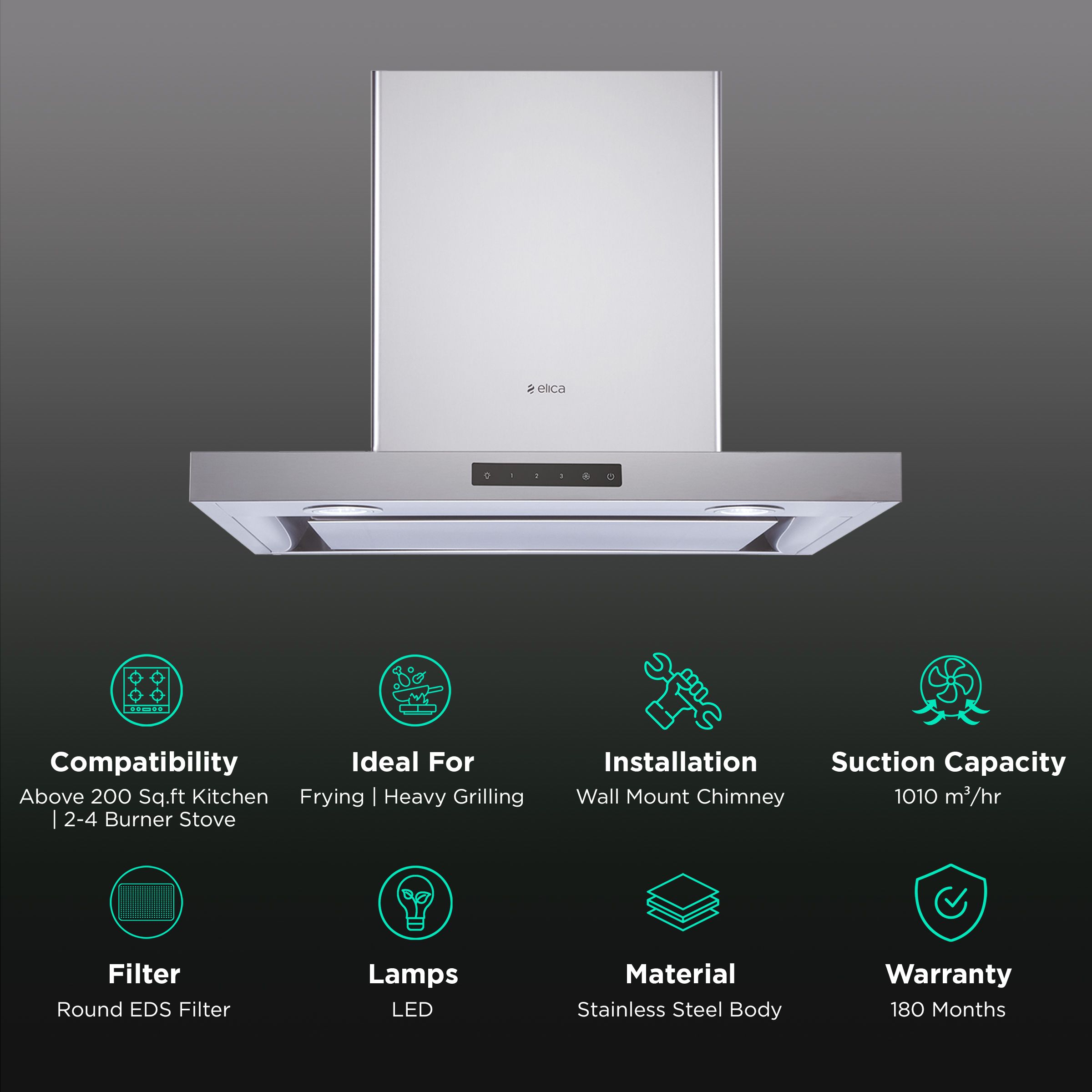 elica SPOT H4 TRIM EDS HE LTW 60 T4V LED 60cm 1010m3/hr Ducted Wall Mounted Chimney with Low Noise (Black)_3