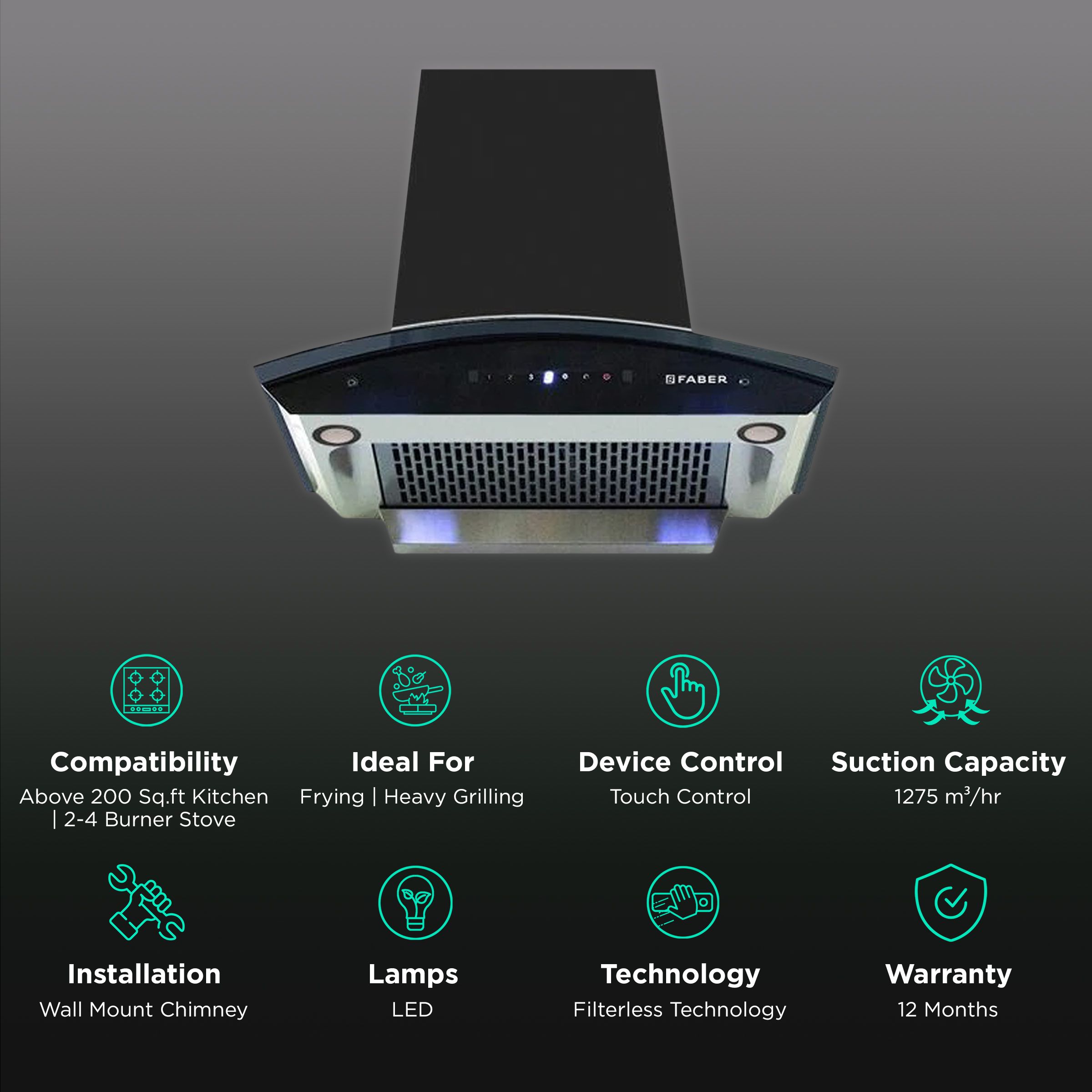 FABER CREST PLUS IND HC SC BK 60cm 1275m3/hr Ducted Auto Clean Wall Mounted Chimney with Touch Control Panel (Black) FABER CREST PLUS IND HC SC BK 60cm 1275m3/hr Ducted Auto Clean Wall Mounted Chimney with Touch Control Panel (Black)_3