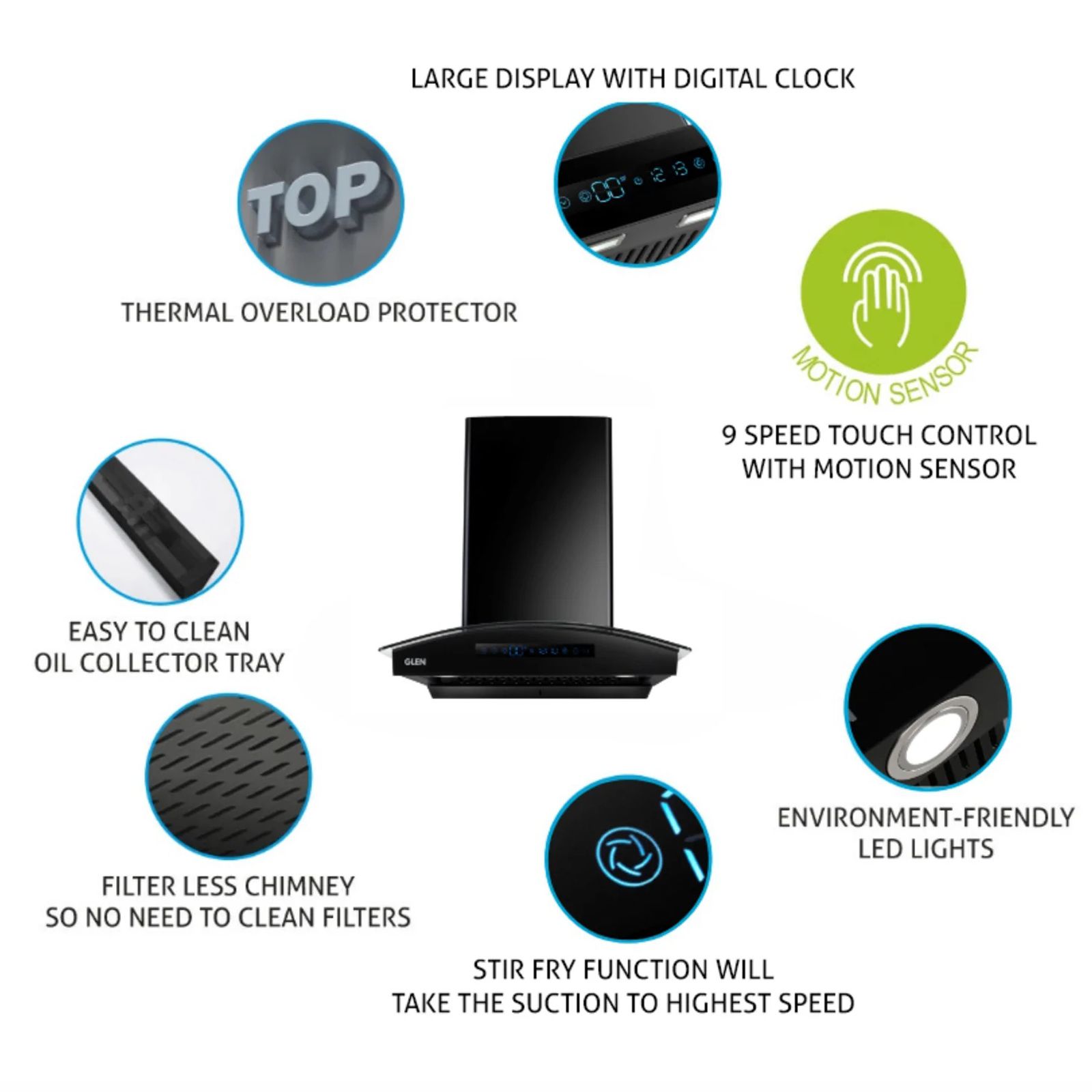 GLEN 6069 BL BLDC 76cm 1400m3/hr Ducted Auto Clean Wall Mounted Chimney with Touch Control Panel (Black) GLEN 6069 BL BLDC 76cm 1400m3/hr Ducted Auto Clean Wall Mounted Chimney with Touch Control Panel (Black)_7