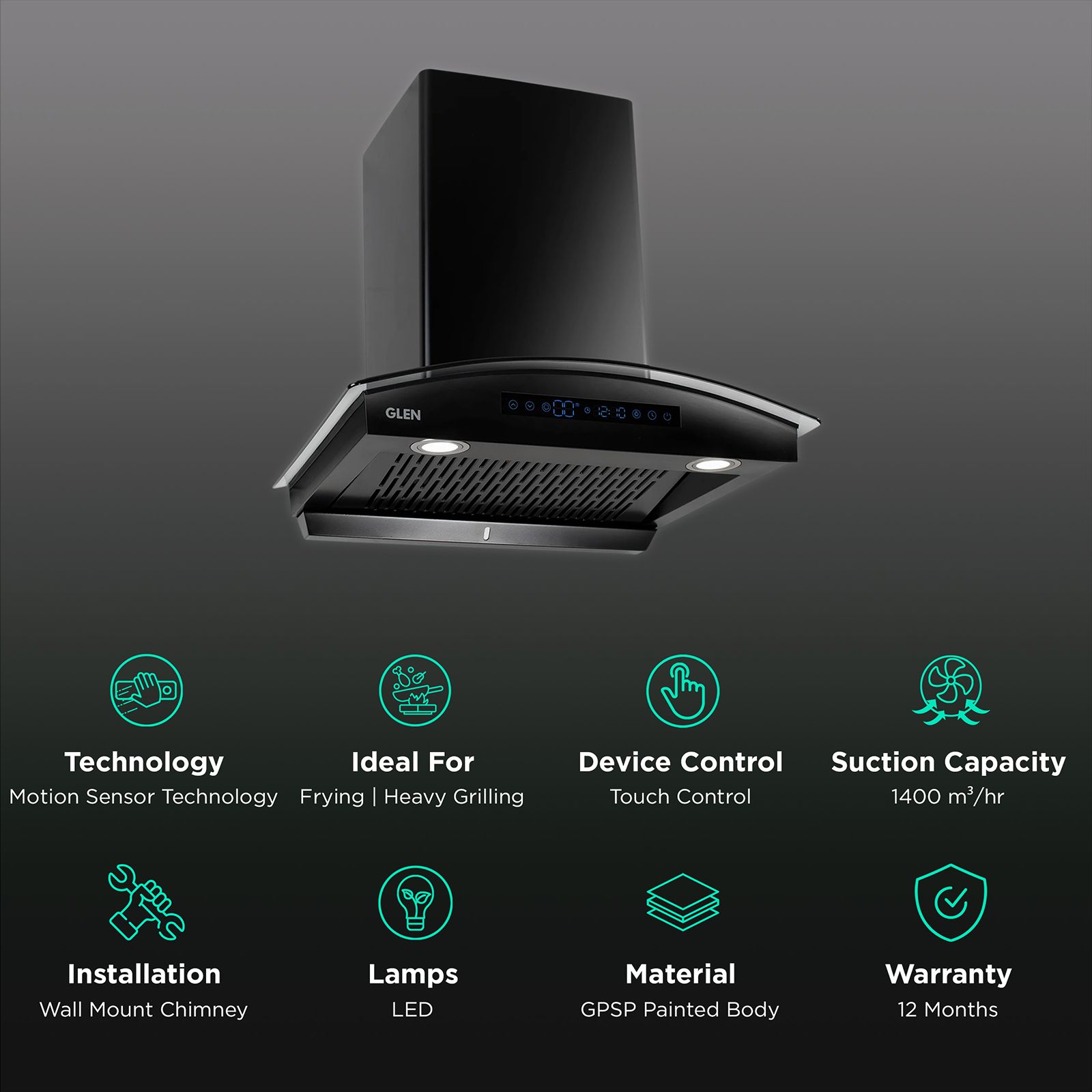 GLEN 6069 BL BLDC 76cm 1400m3/hr Ducted Auto Clean Wall Mounted Chimney with Touch Control Panel (Black) GLEN 6069 BL BLDC 76cm 1400m3/hr Ducted Auto Clean Wall Mounted Chimney with Touch Control Panel (Black)_3